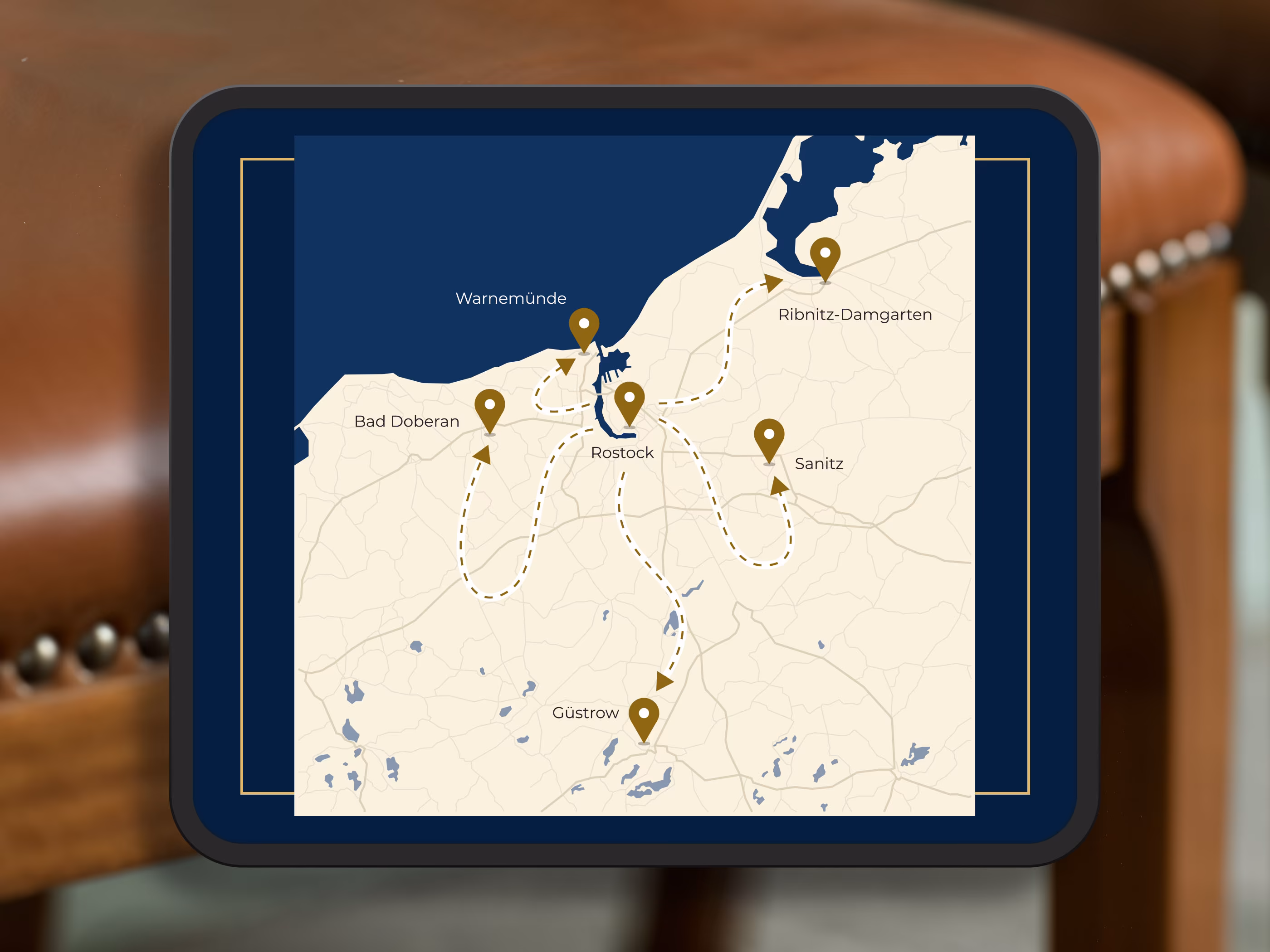 Karte mit dem Einzugsgebiet der Raumfreude Rostock rund um Warnem&uuml;nde, Bad Doberan, Sanitz, Ribnitz-Damgarten und G&uuml;strow