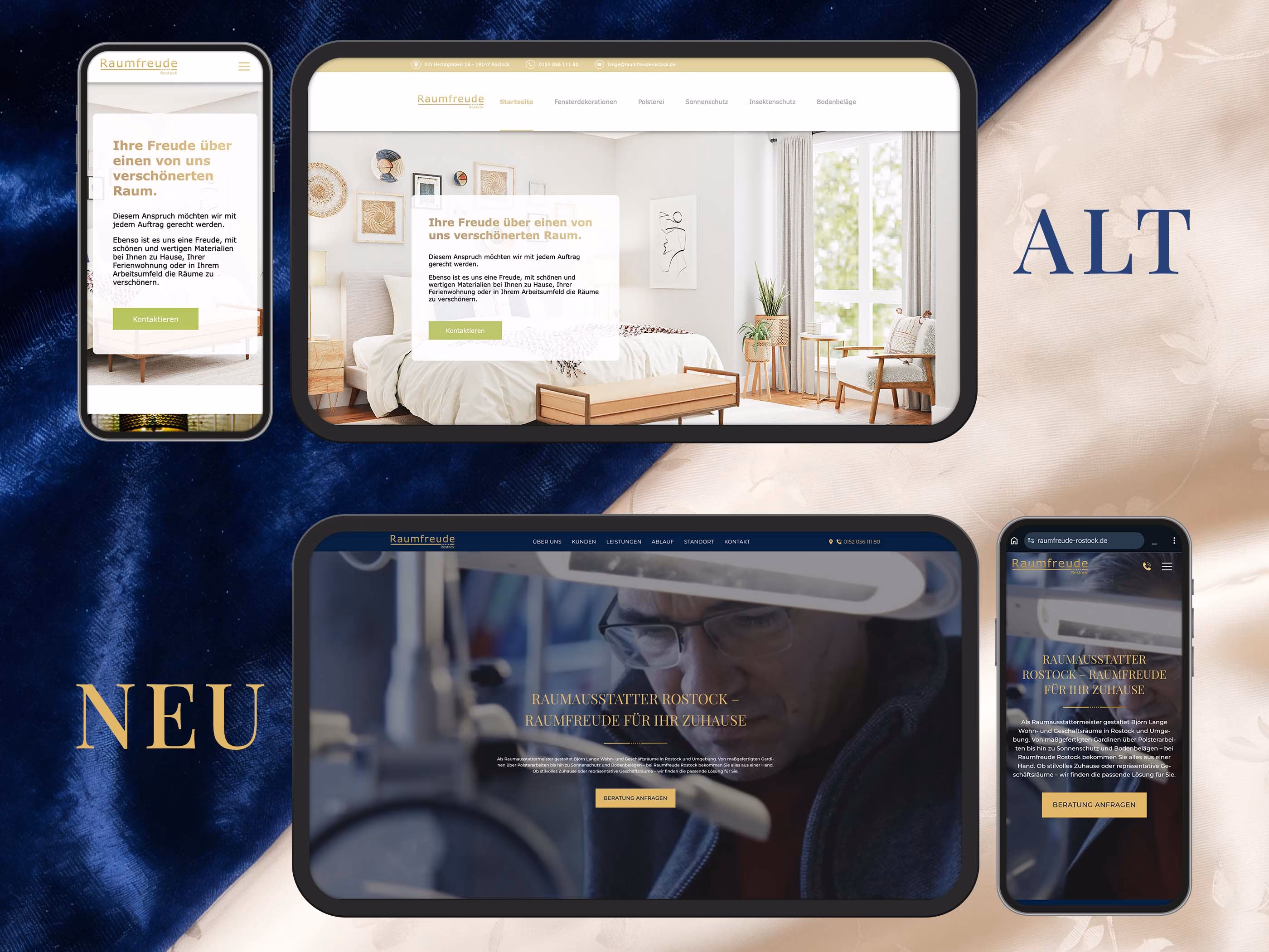 Vergleich der alten und neuen Website von Raumfreude Rostock nach dem Relaunch auf Tablet und Smartphone