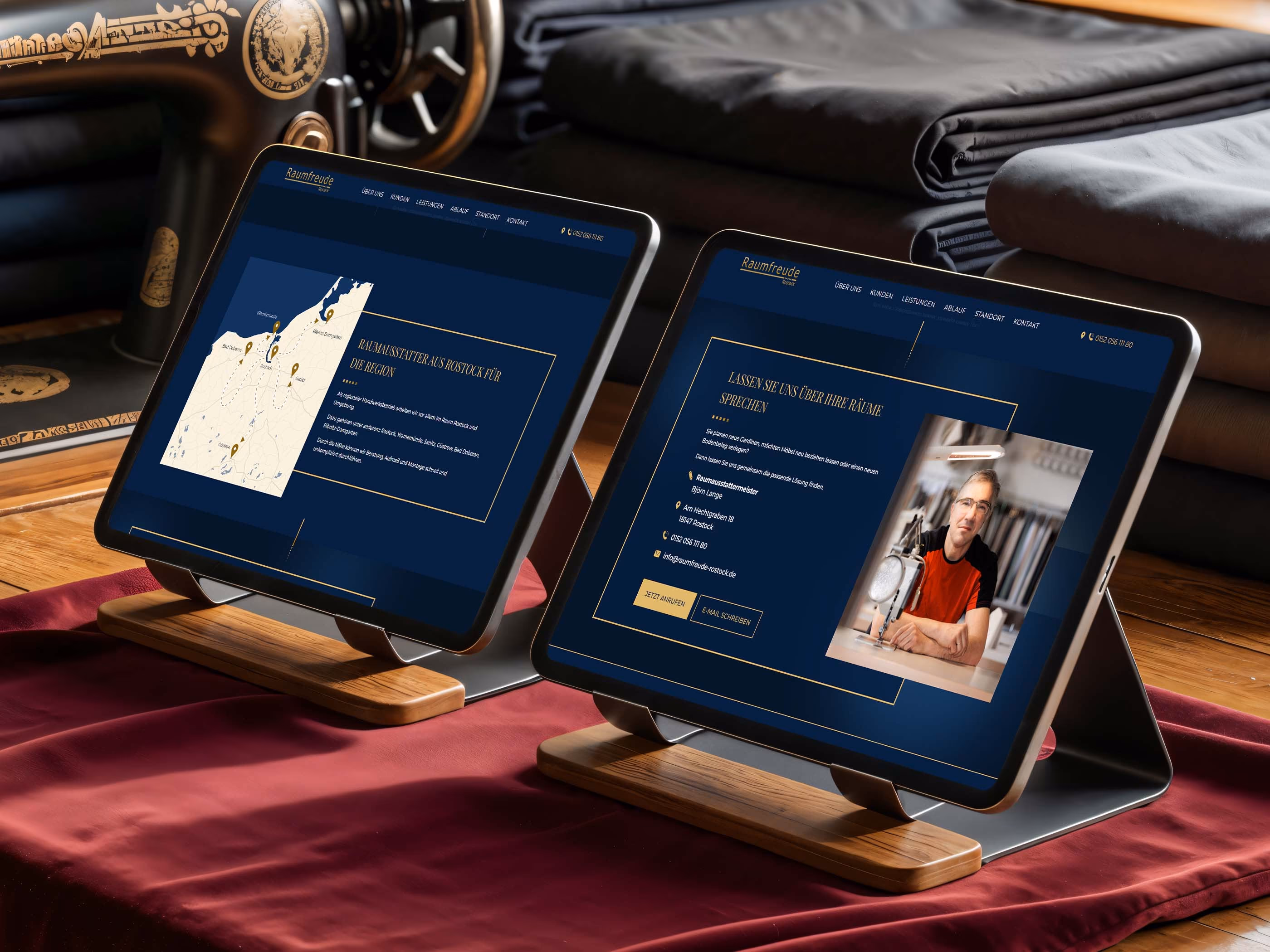 Standort- und Kontaktseite der Raumfreude Rostock mit Region und Ansprechpartner auf zwei Tablets