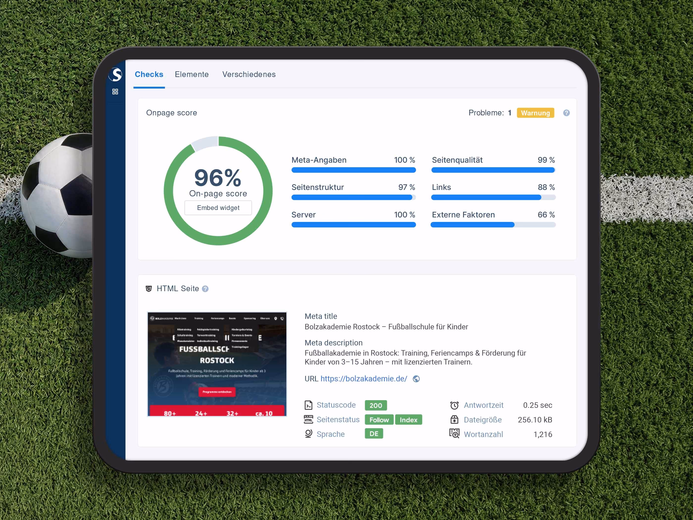 Seobility-Analyse der Bolzakademie-Website mit 96 Prozent On-Page-Score