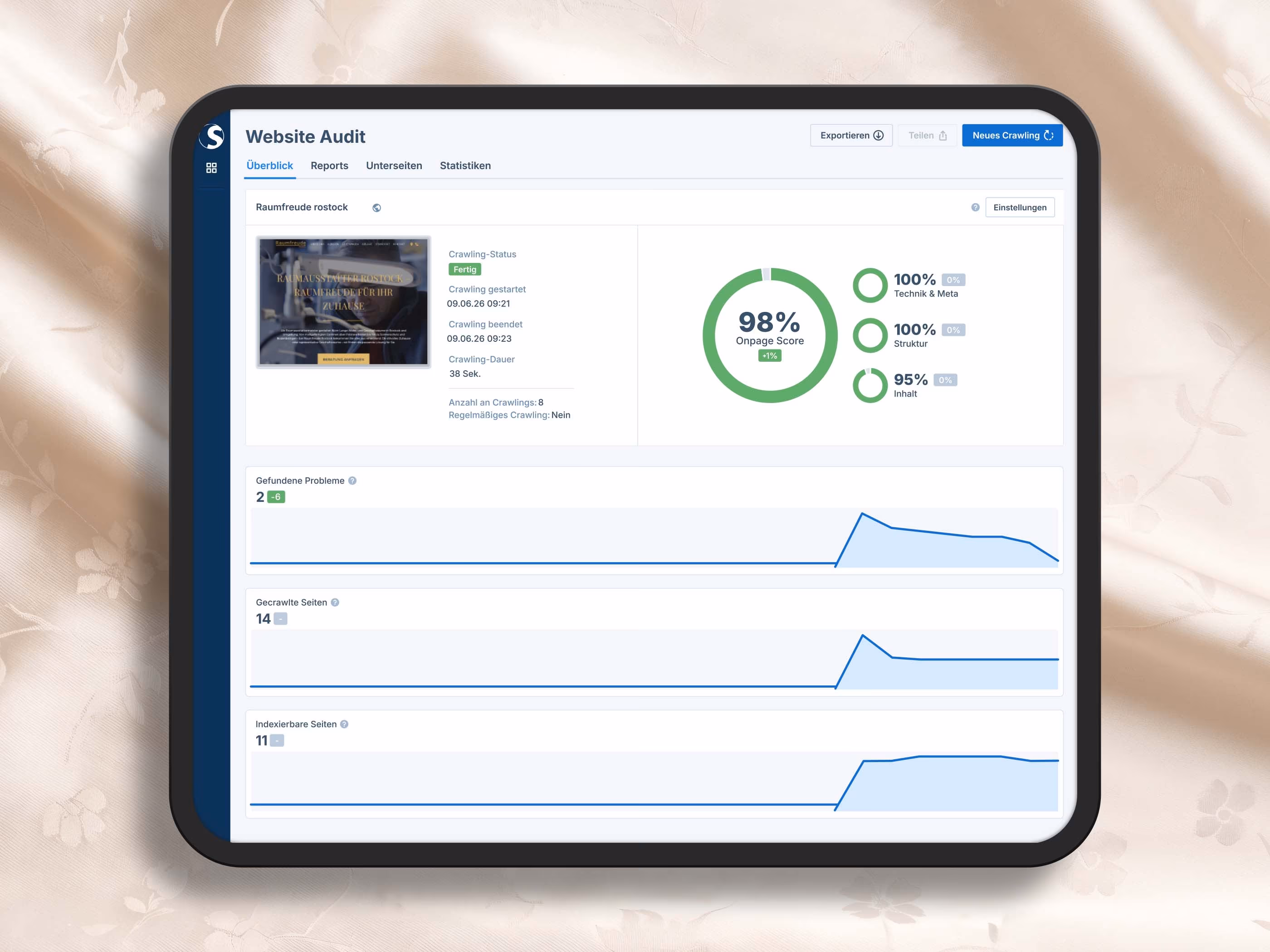 Website-Audit der Raumfreude Rostock mit 98 Prozent Onpage-Score sowie 100 Prozent bei Technik, Meta und Struktur