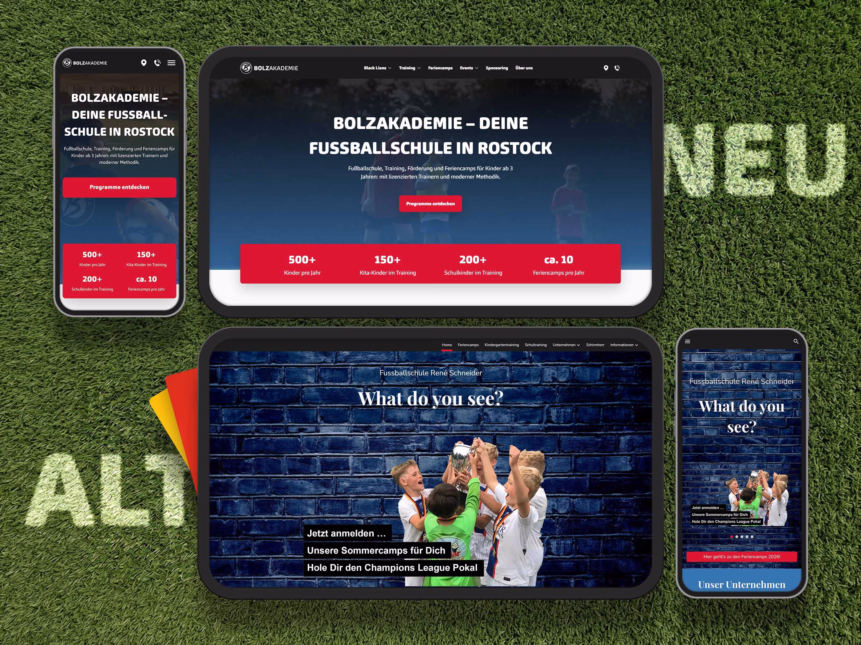 Vorher-Nachher-Vergleich der Fußballschule-Website vor und nach dem Relaunch zur Bolzakademie