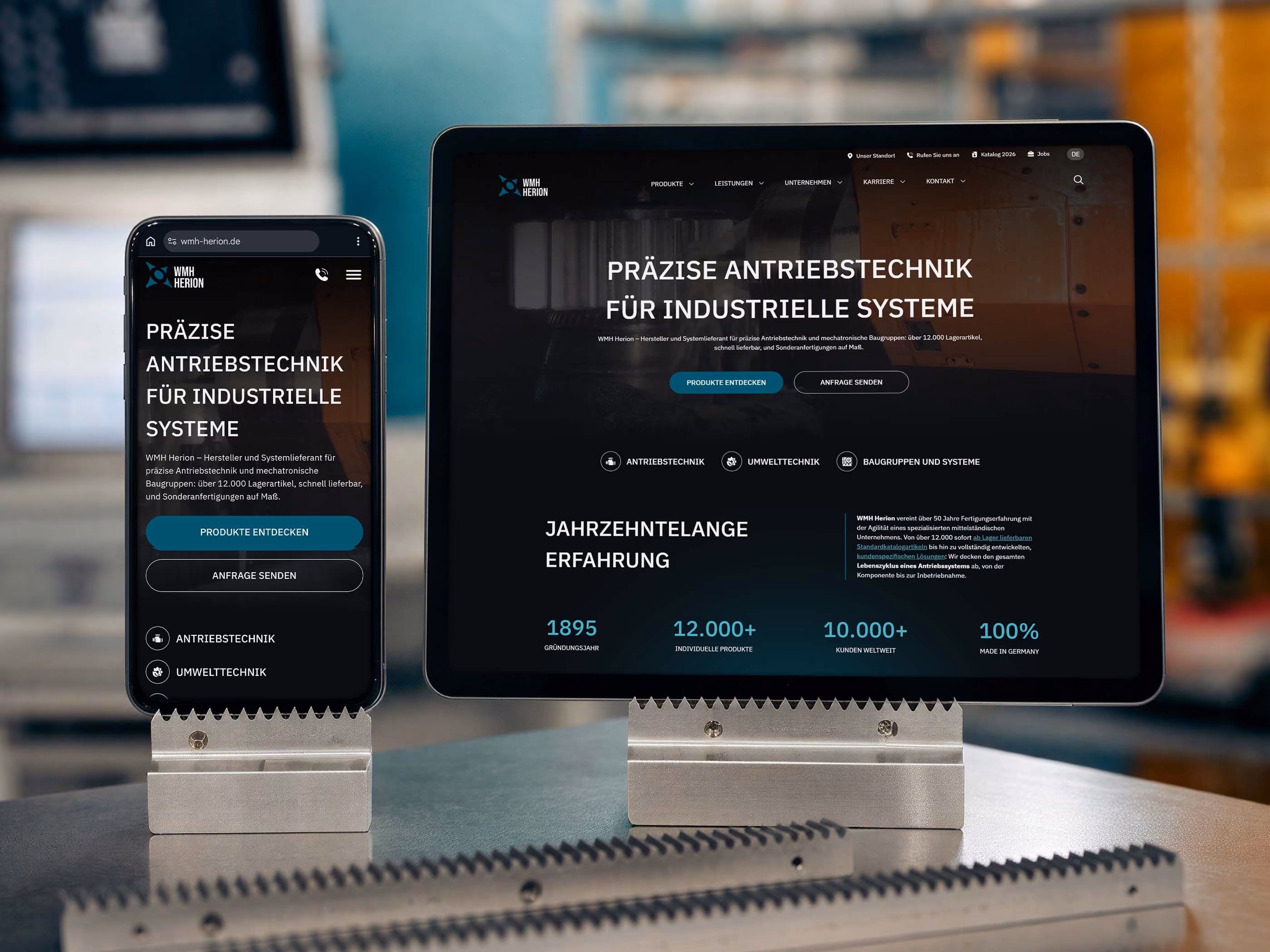 Neue WMH Herion Website auf Smartphone und Tablet vor Antriebselementen