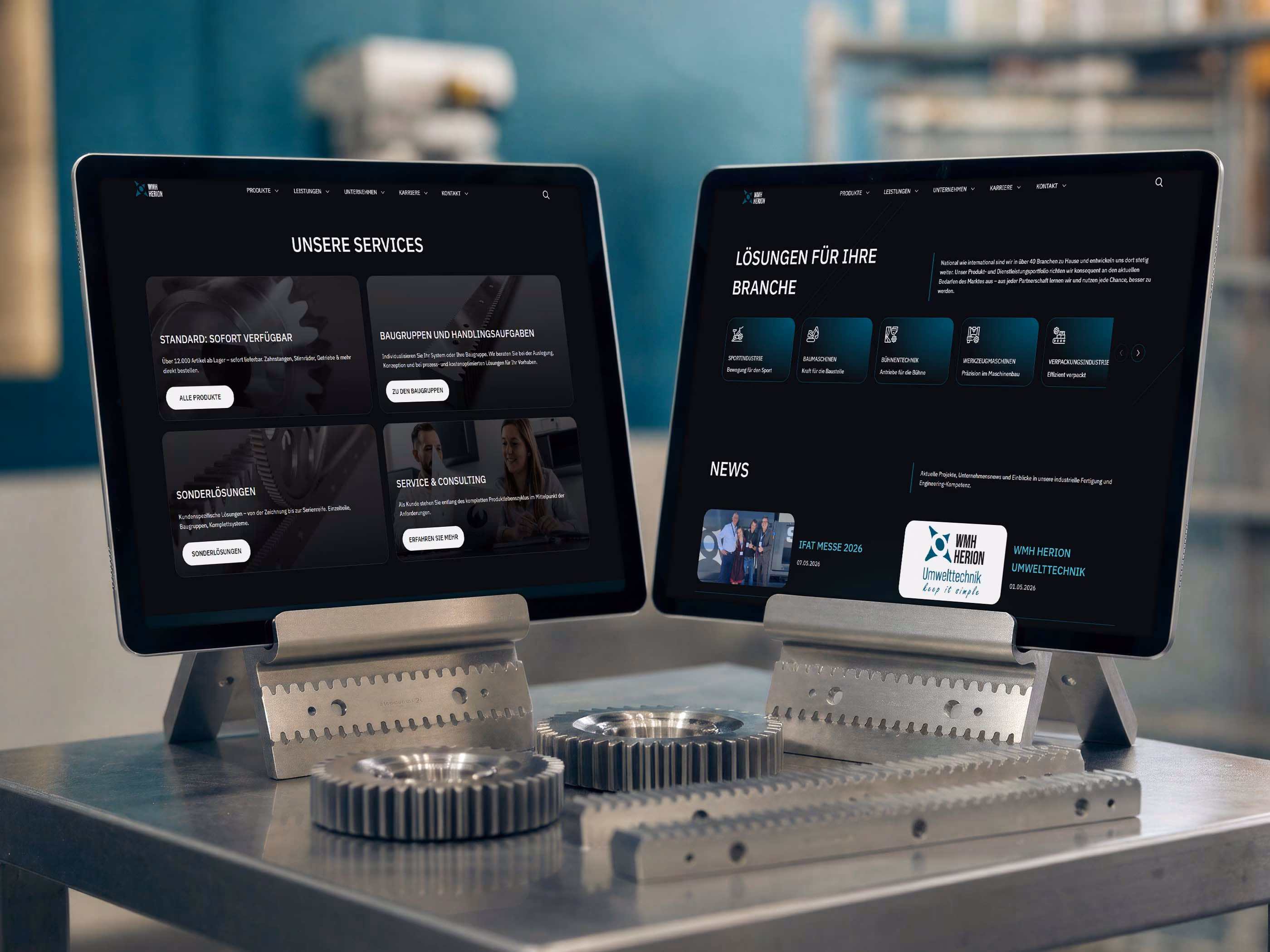 WMH Herion Leistungen und Branchen auf zwei Tablet-Ansichten