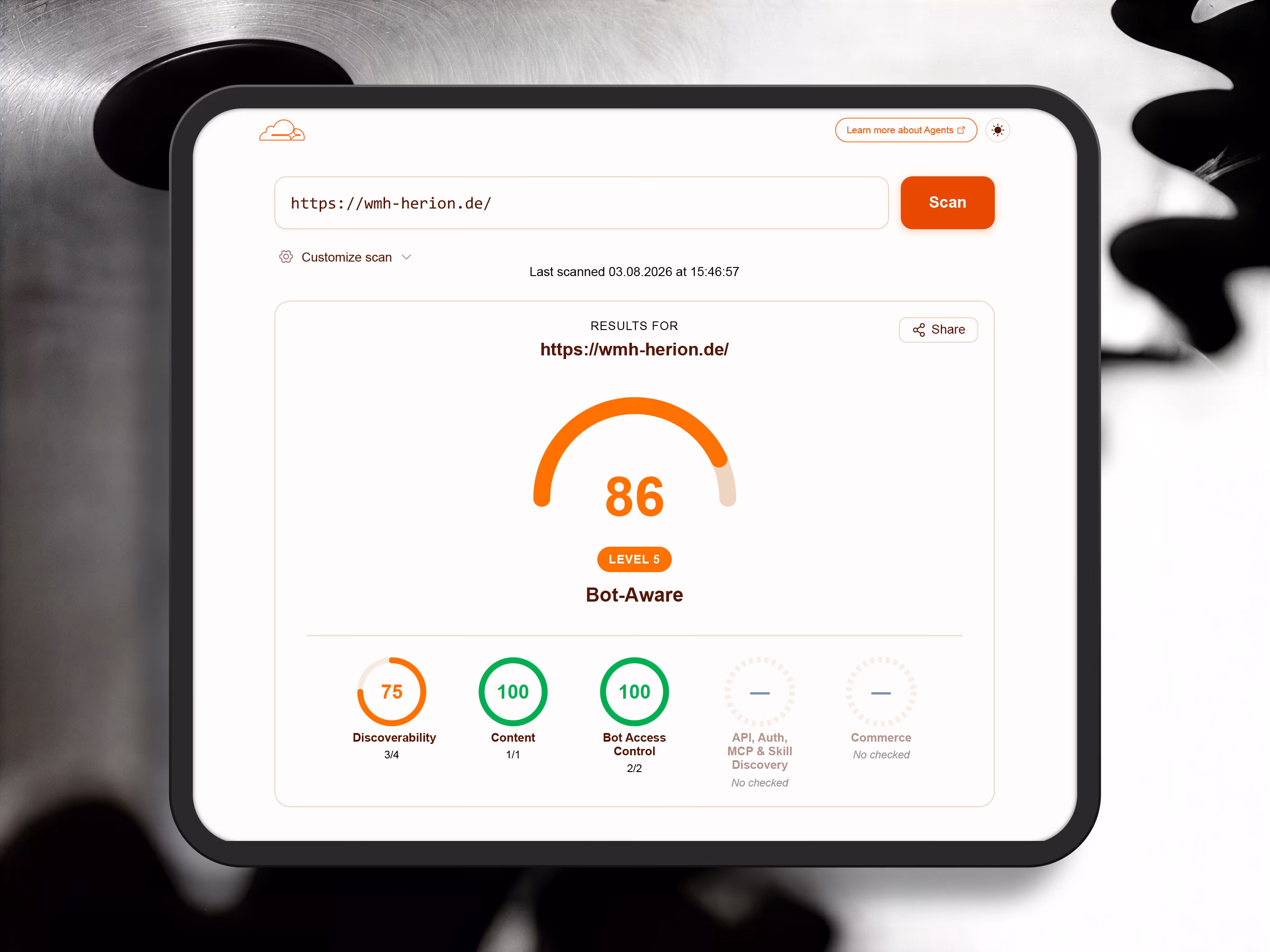 Agent-Native-Audit f&uuml;r WMH Herion mit 86 Punkten und Level 5