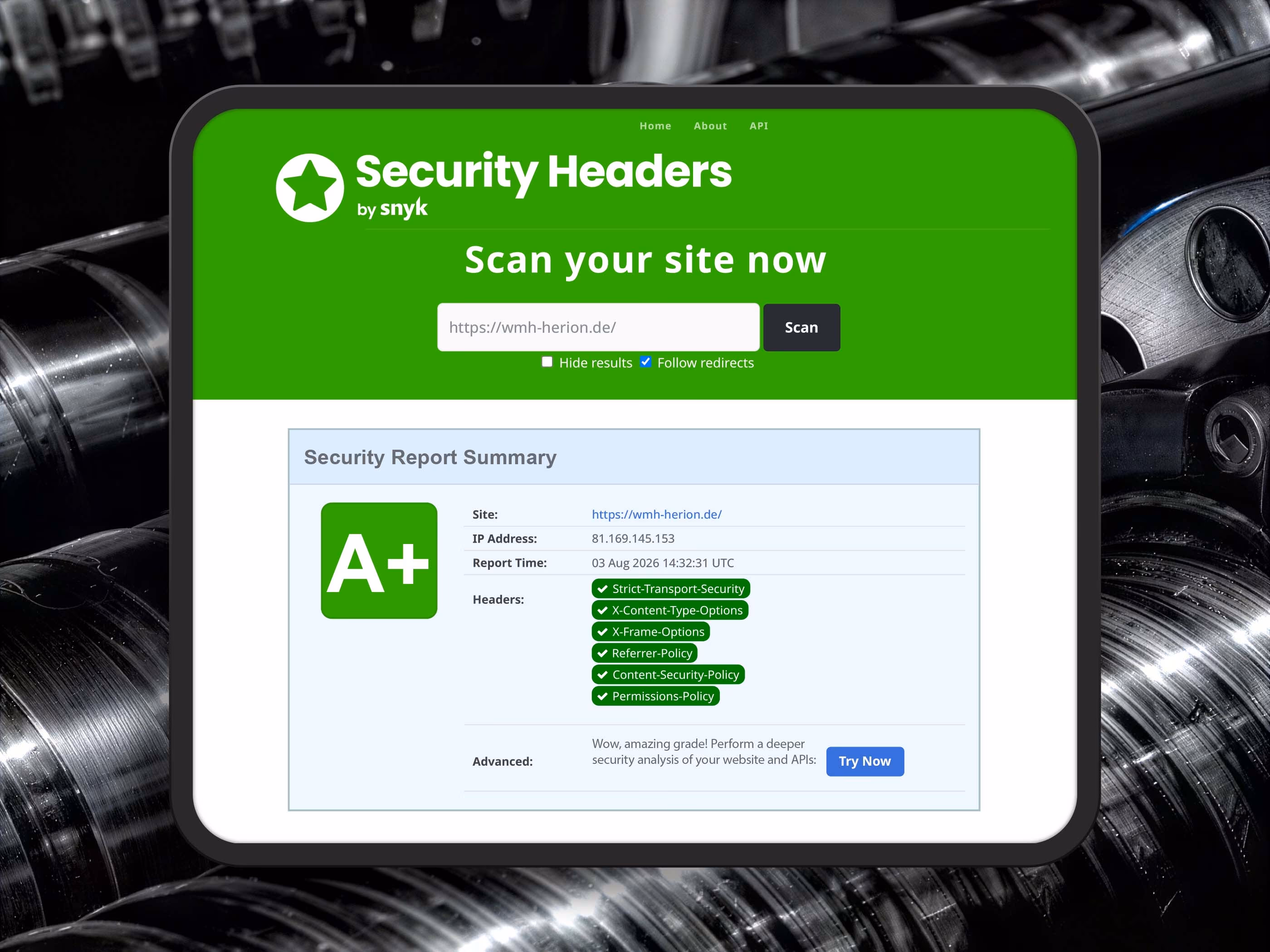 Security-Headers-Audit f&uuml;r wmh-herion.de mit Bewertung A+