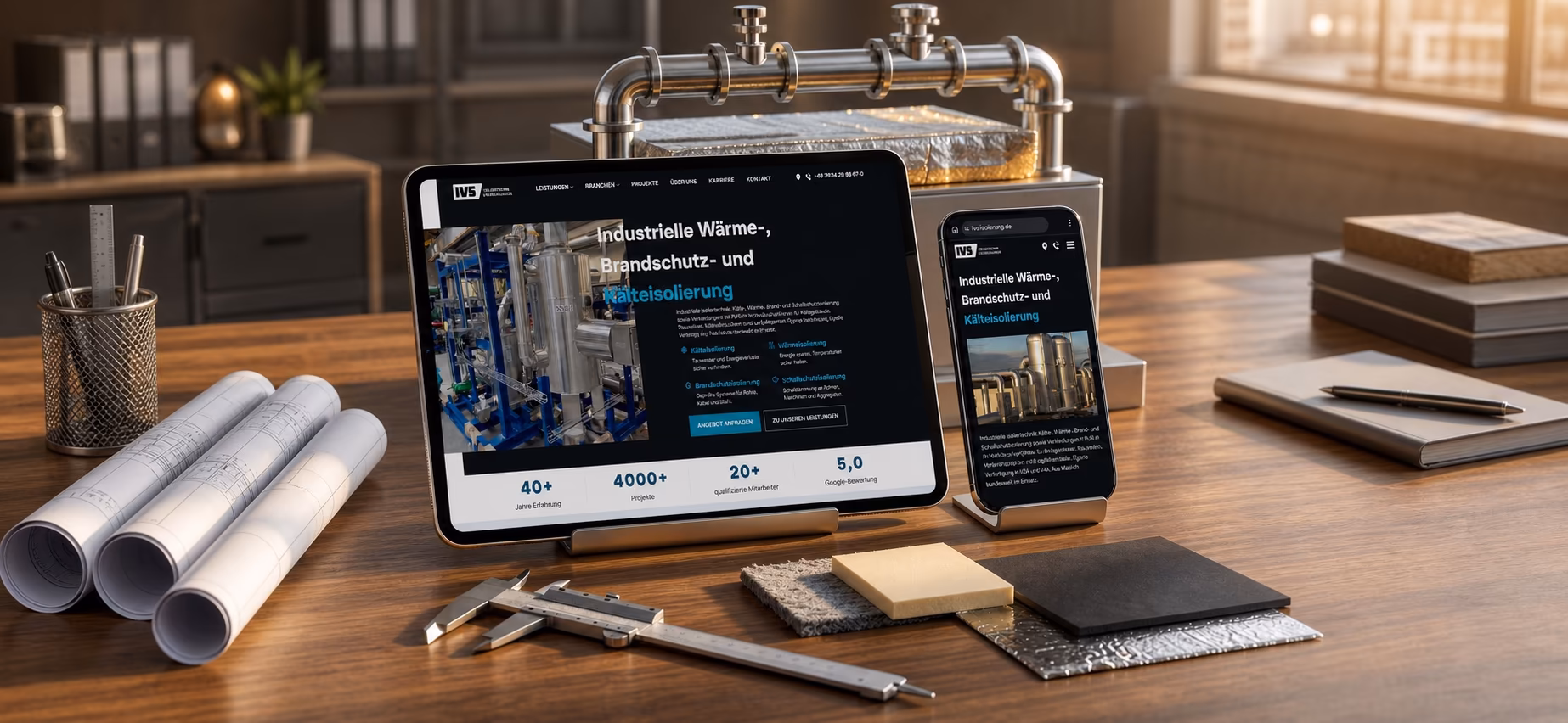 Industriewebsite von IVS Isoliertechnik auf Tablet und Smartphone in einer technischen Arbeitsumgebung