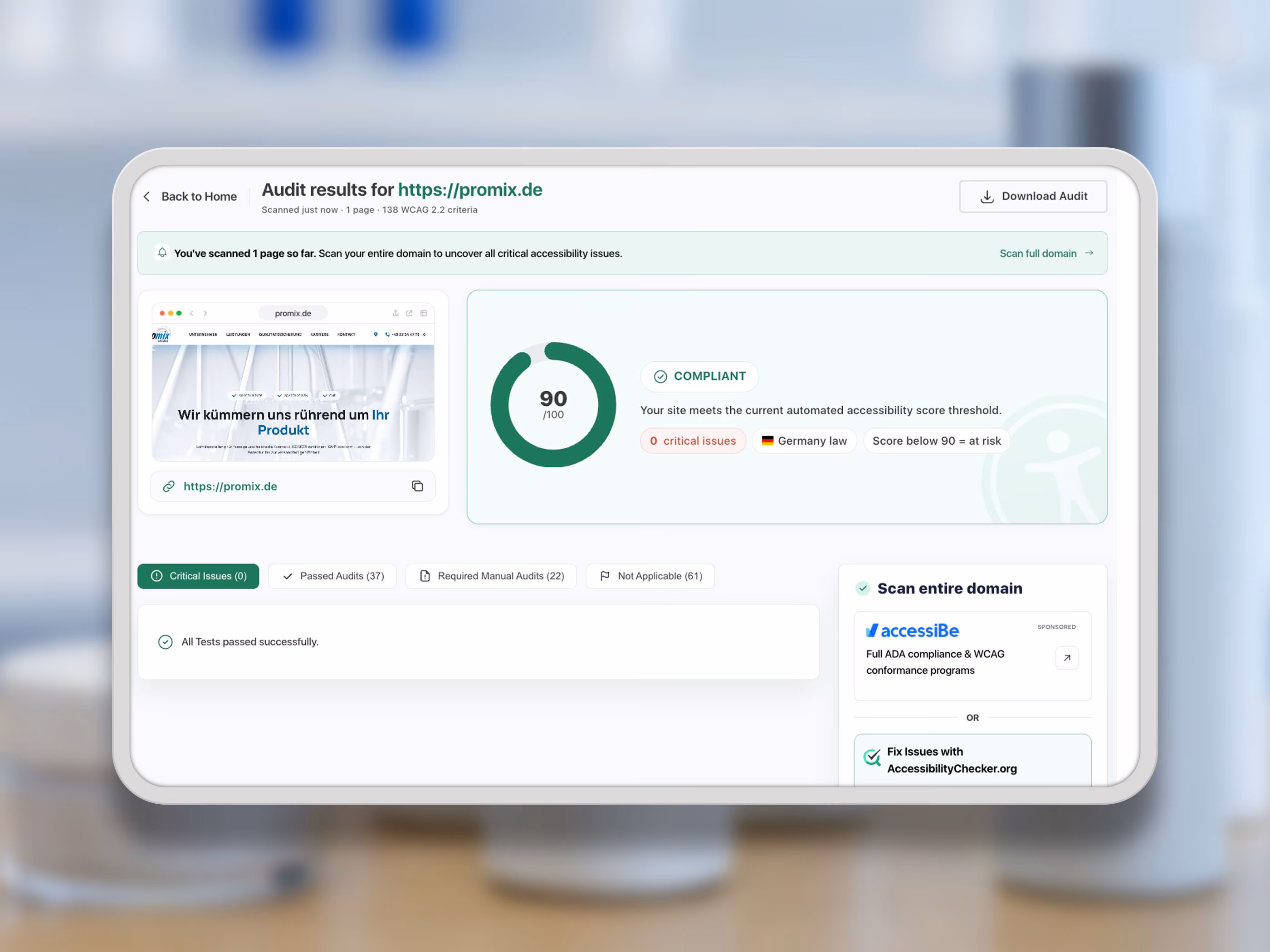Automatisierter Barrierefreiheits-Audit von promix.de mit 90 Punkten und null kritischen Problemen