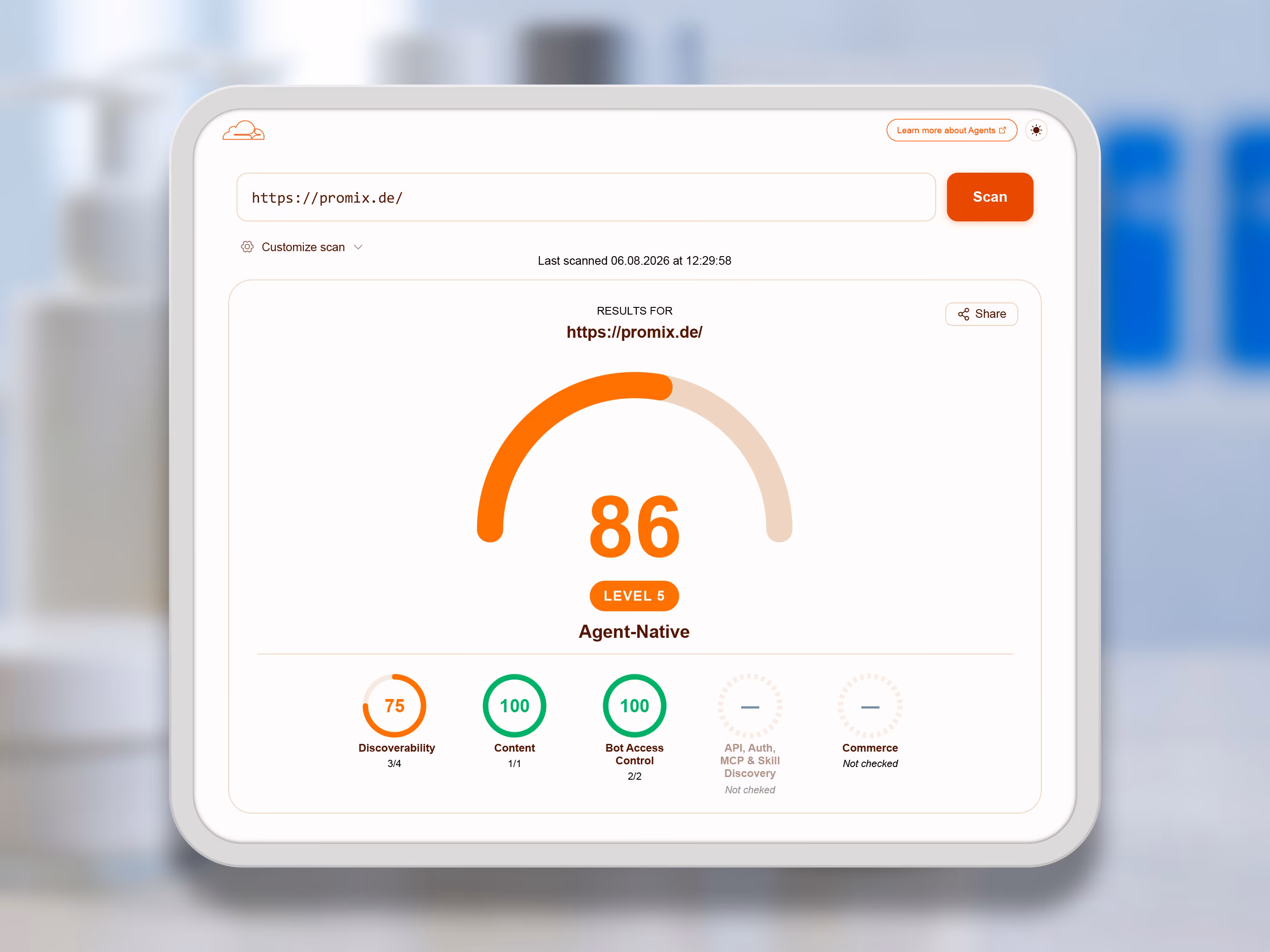 KI-Audit f&uuml;r promix.de mit Agent-Native Score 86
