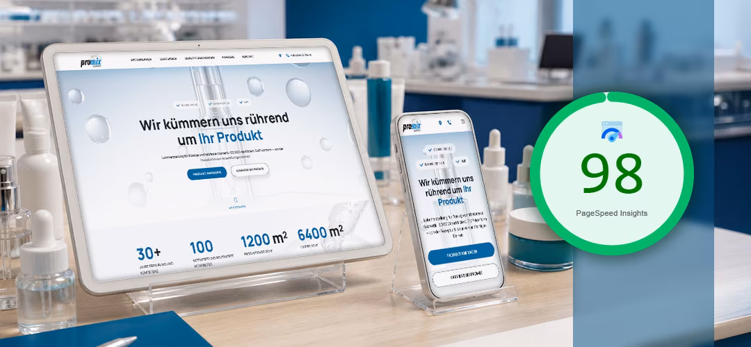 Promix Website f&uuml;r Kosmetik-Lohnherstellung mit 98 Punkten PageSpeed