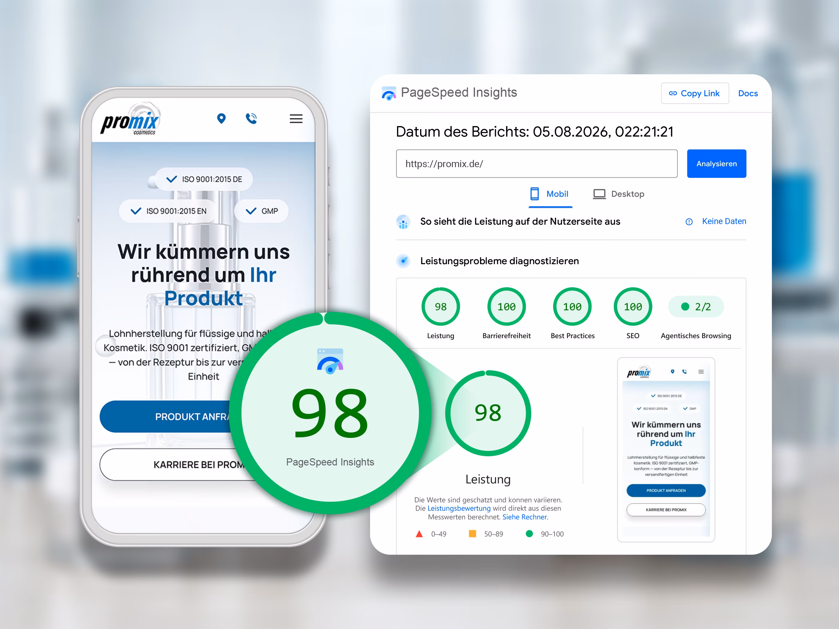 Google PageSpeed Insights f&uuml;r promix.de mit 98 Punkten mobiler Performance