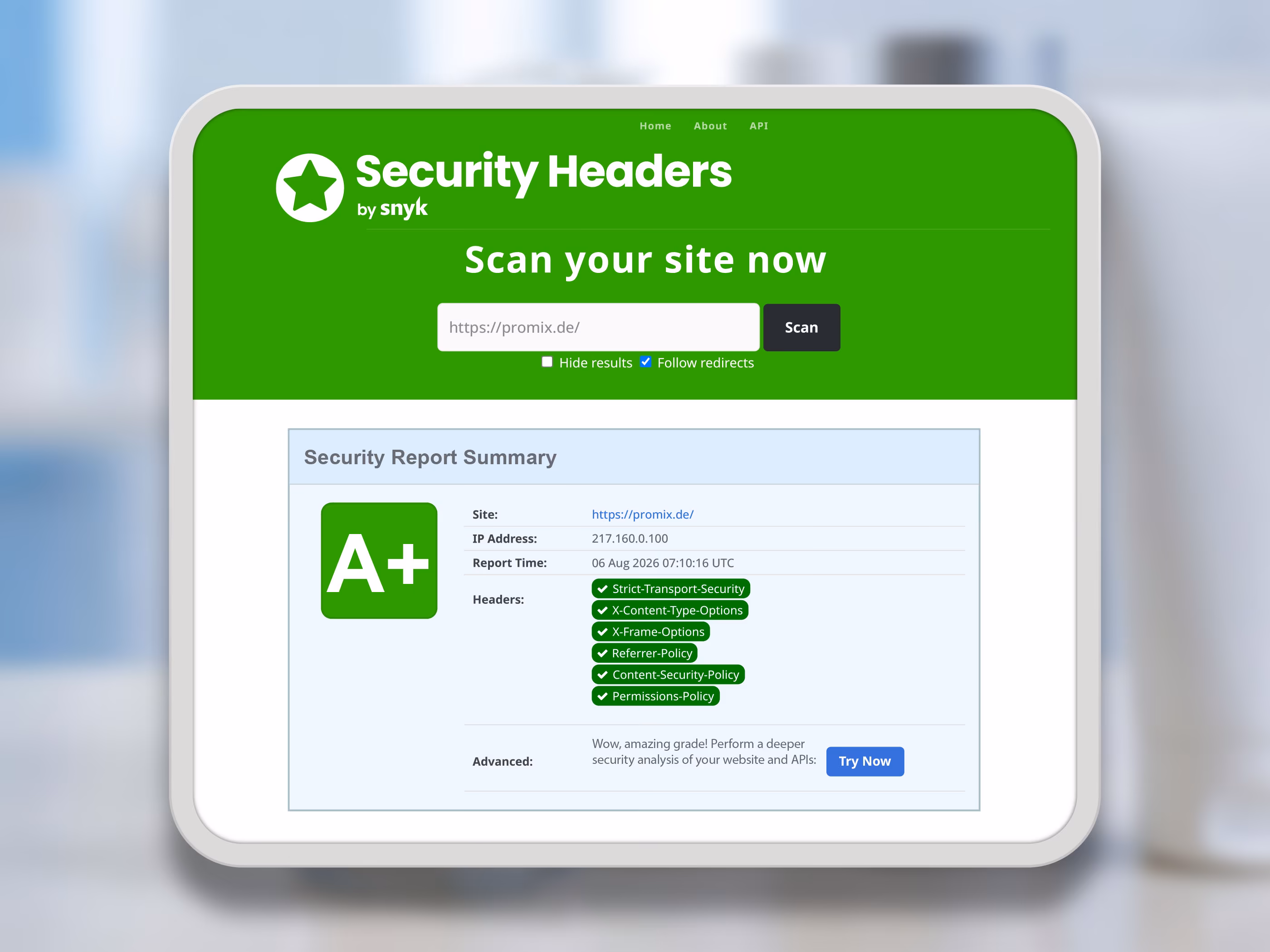 Security-Headers-Test f&uuml;r promix.de mit der Bewertung A plus