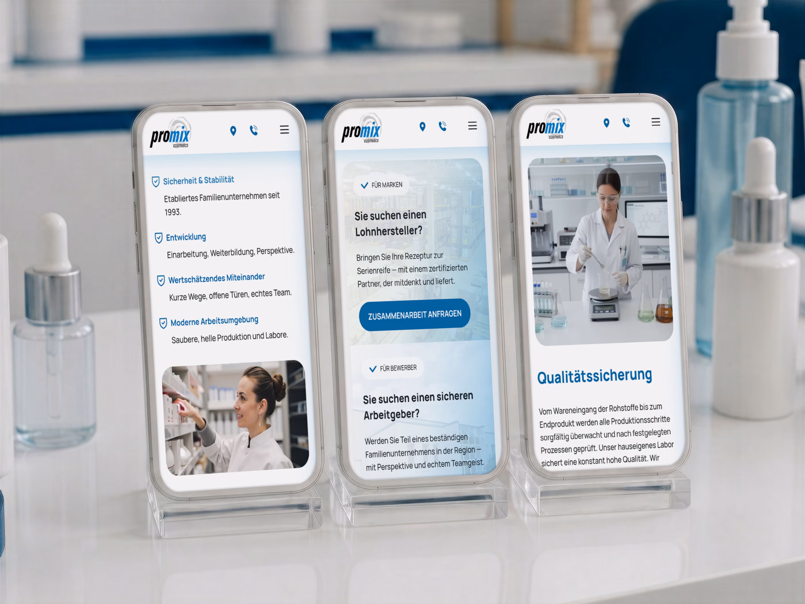 Mobile Promix Website mit Bereichen Arbeitgeber, Anfrage und Qualit&auml;tssicherung