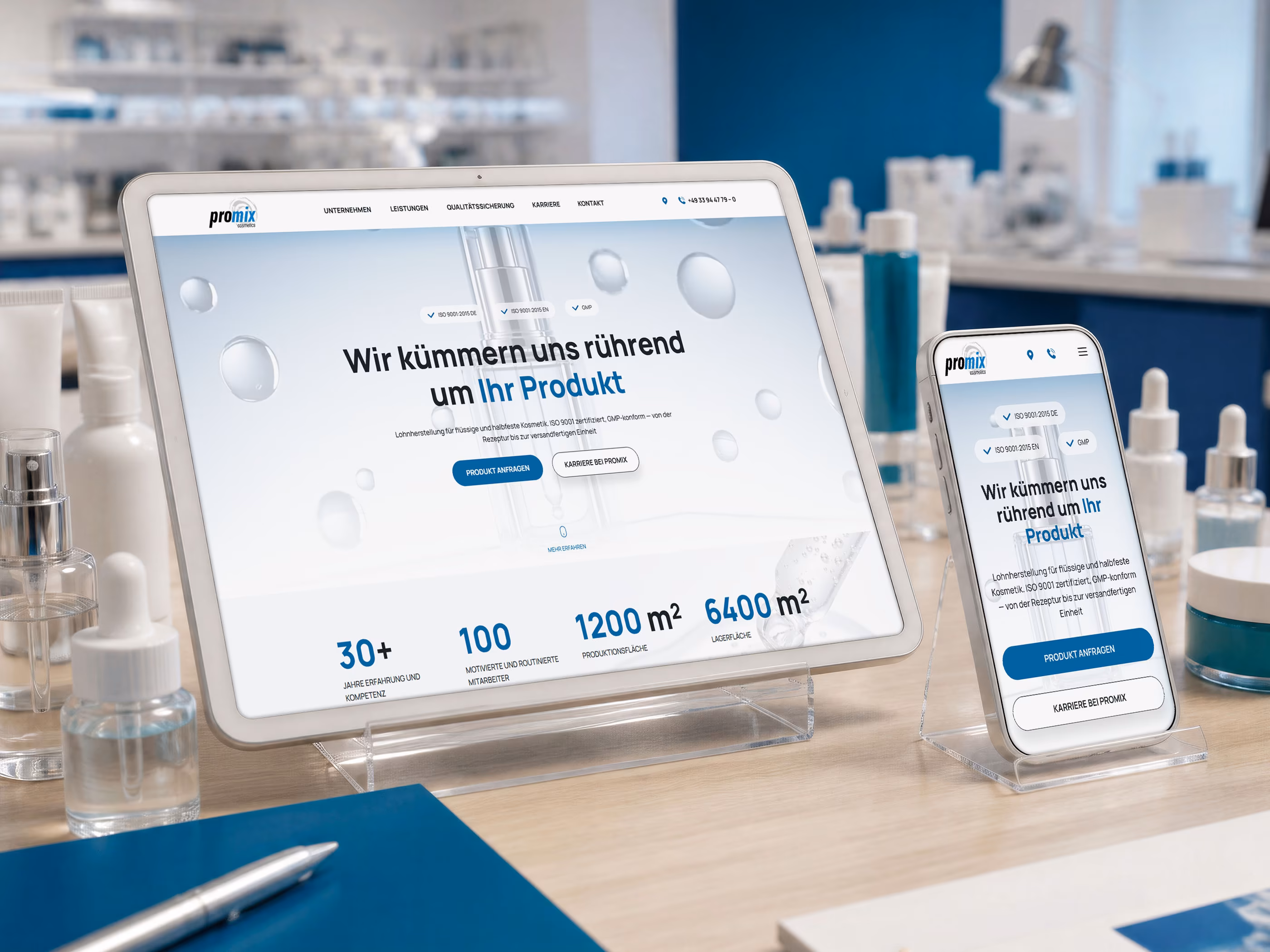 Neue Promix Website f&uuml;r Kosmetik-Lohnherstellung auf Desktop und Smartphone