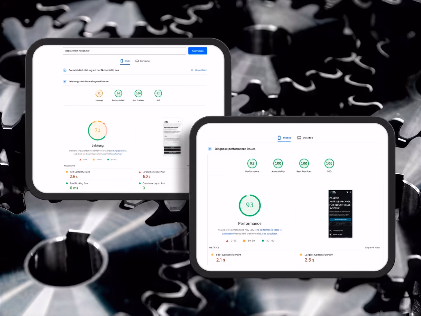 Mobiler PageSpeed der WMH Herion Website vor und nach dem Relaunch mit 71 und 93 Punkten