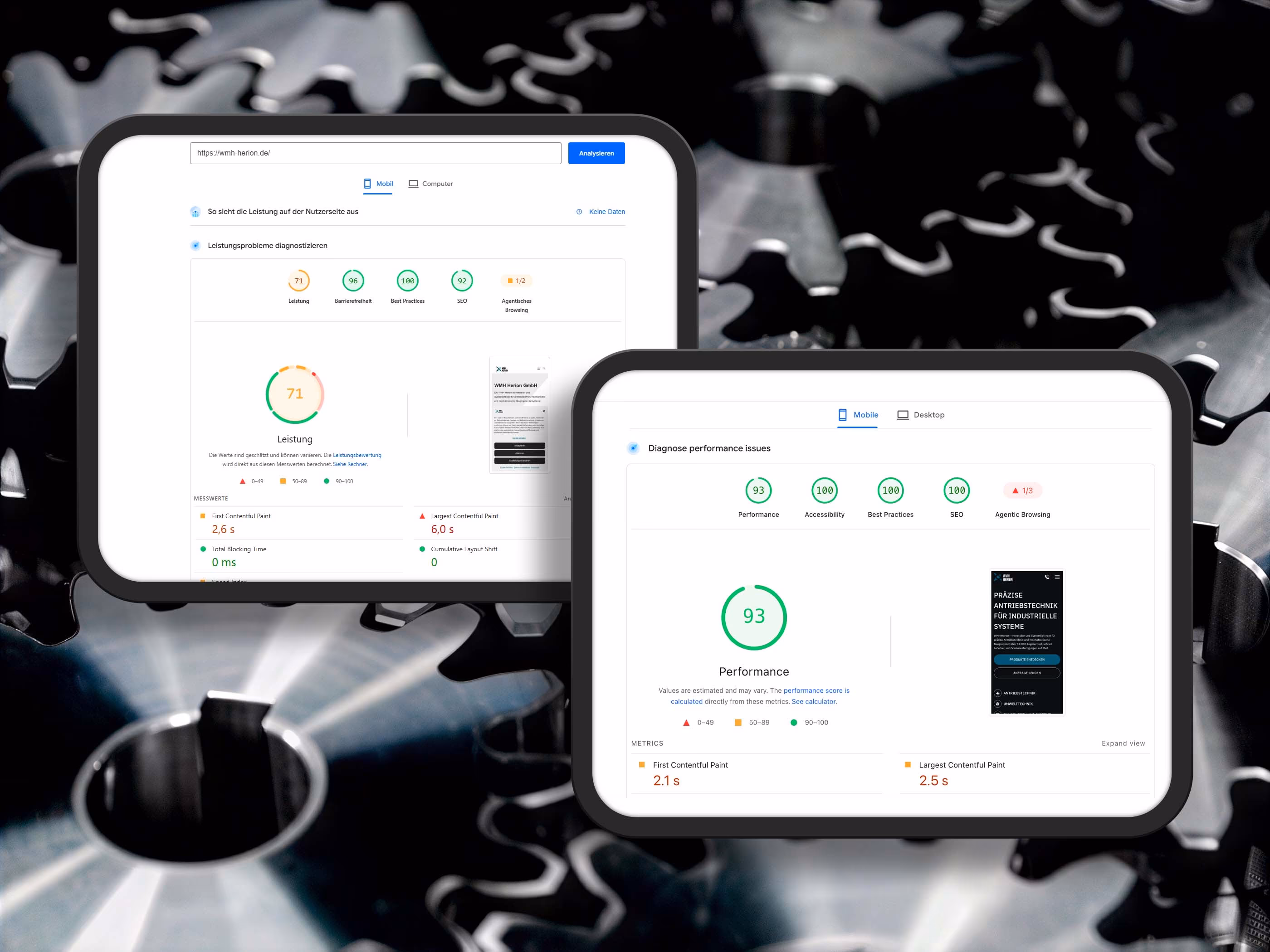 Mobiler PageSpeed der WMH Herion Website vor und nach dem Relaunch mit 71 und 93 Punkten