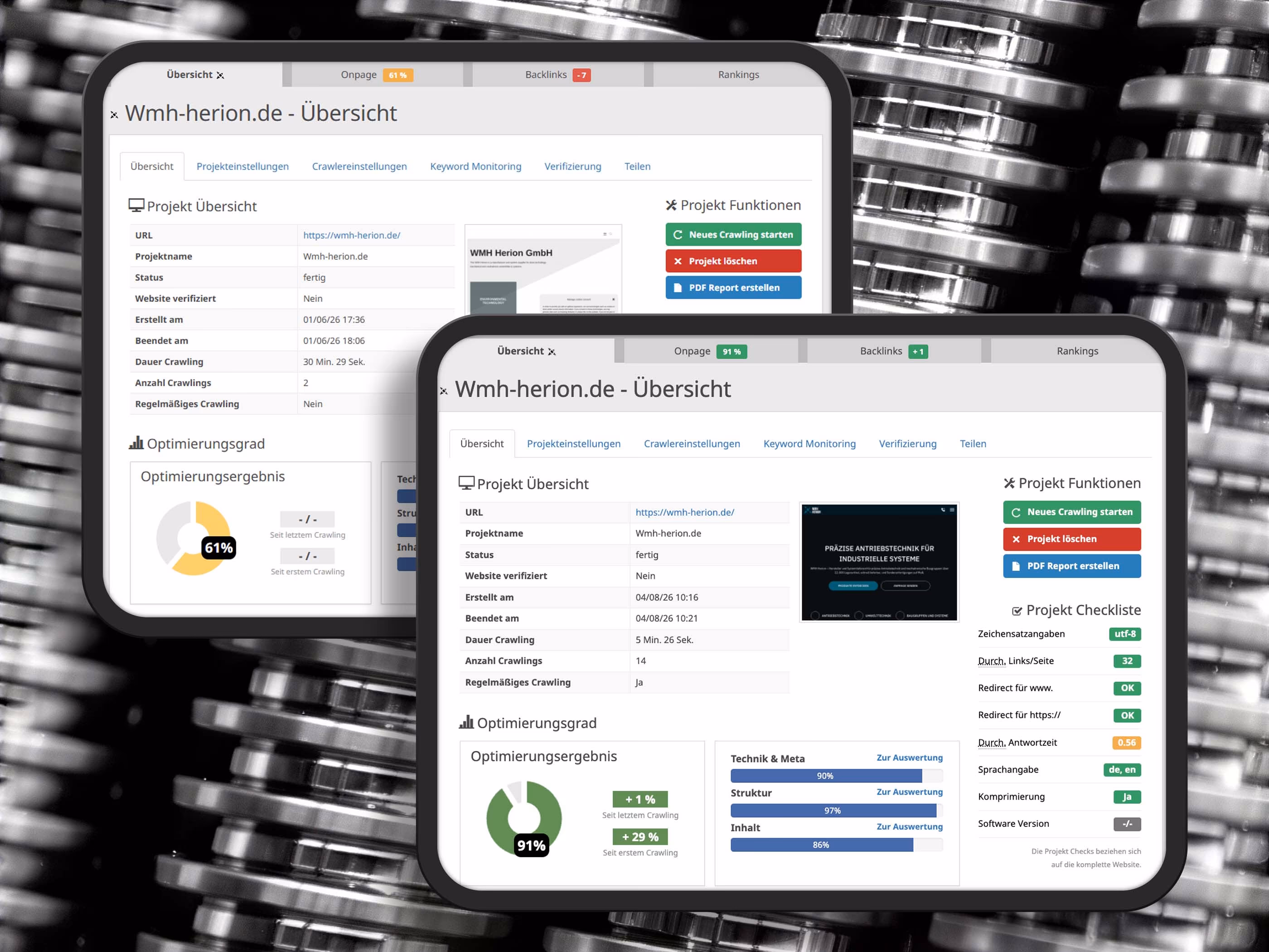 Seobility-Audit der WMH Herion Website vor und nach dem Relaunch mit 61 und 91 Prozent