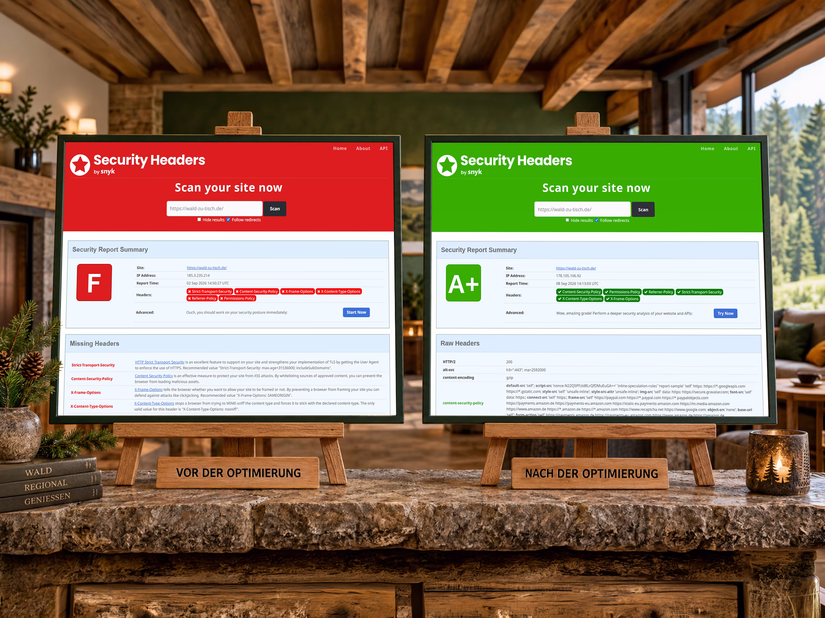 Security-Headers-Berichte f&uuml;r Wald zu Tisch: links die fr&uuml;here Bewertung F, rechts die neue Bewertung A+.
