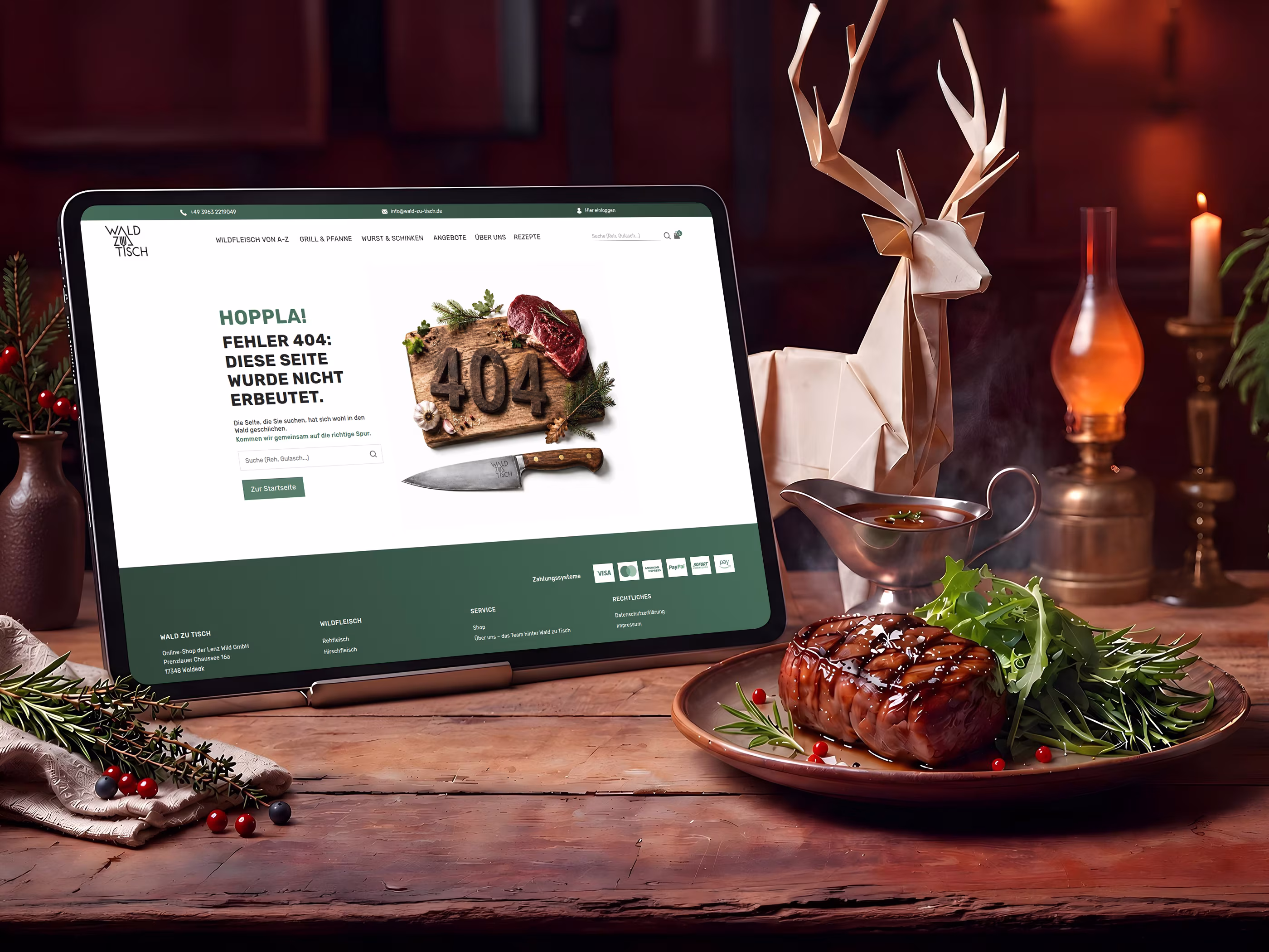 404-Seite von Wald zu Tisch mit dem Text &bdquo;Diese Seite wurde nicht erbeutet&ldquo;, Suche und Link zur Startseite.
