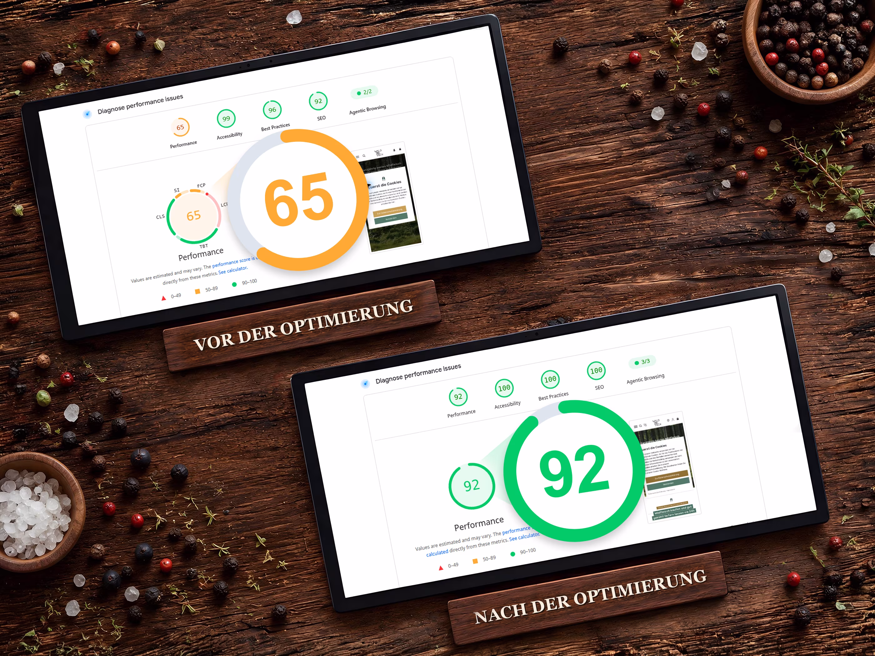 PageSpeed-Vergleich des Wald zu Tisch Shops vor und nach der Optimierung: Performance steigt von 65 auf 92 Punkte.