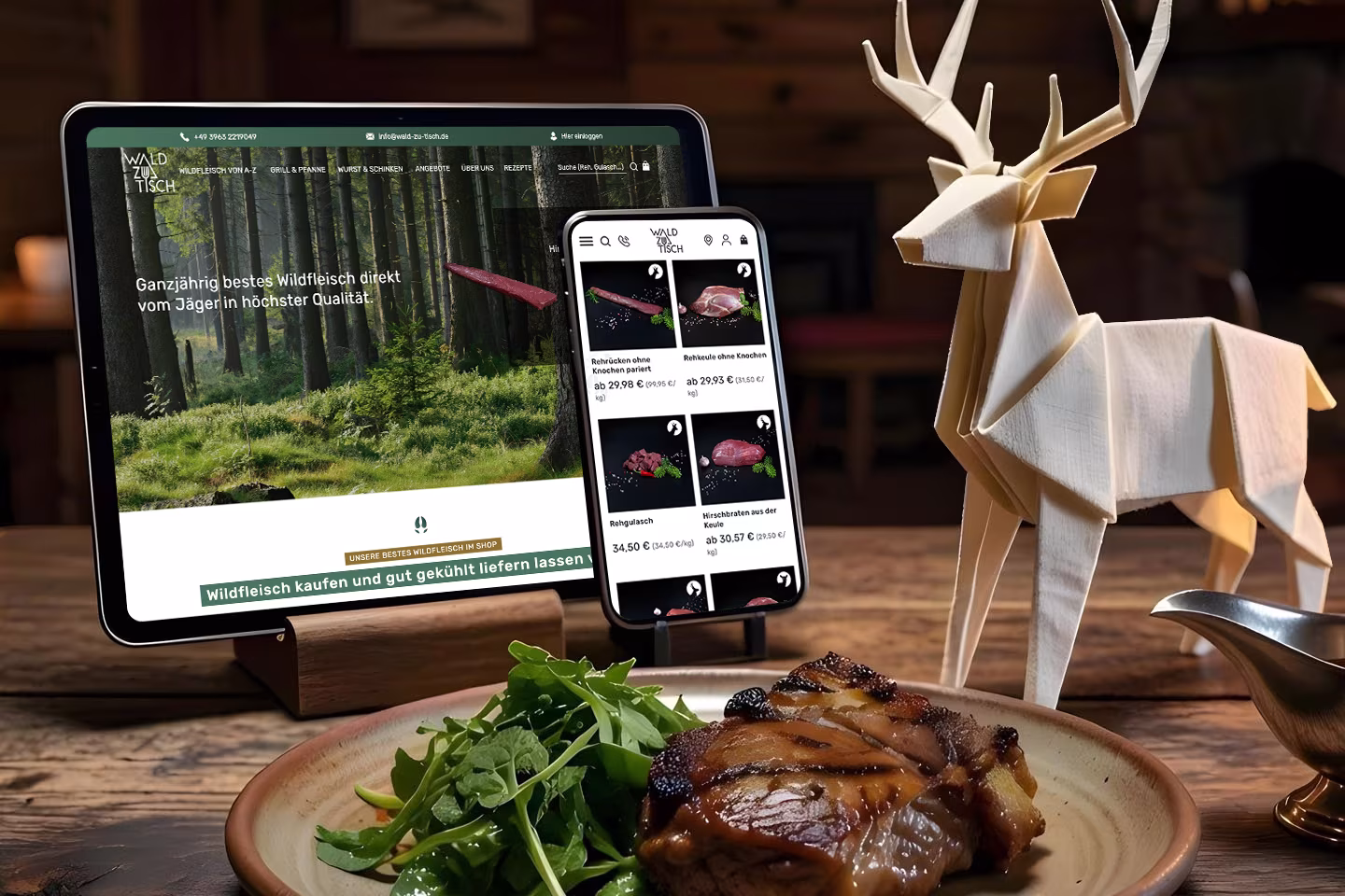 Wald zu Tisch auf Tablet und Smartphone: Startseite und Wildfleisch-Produkte im neuen Shopdesign.