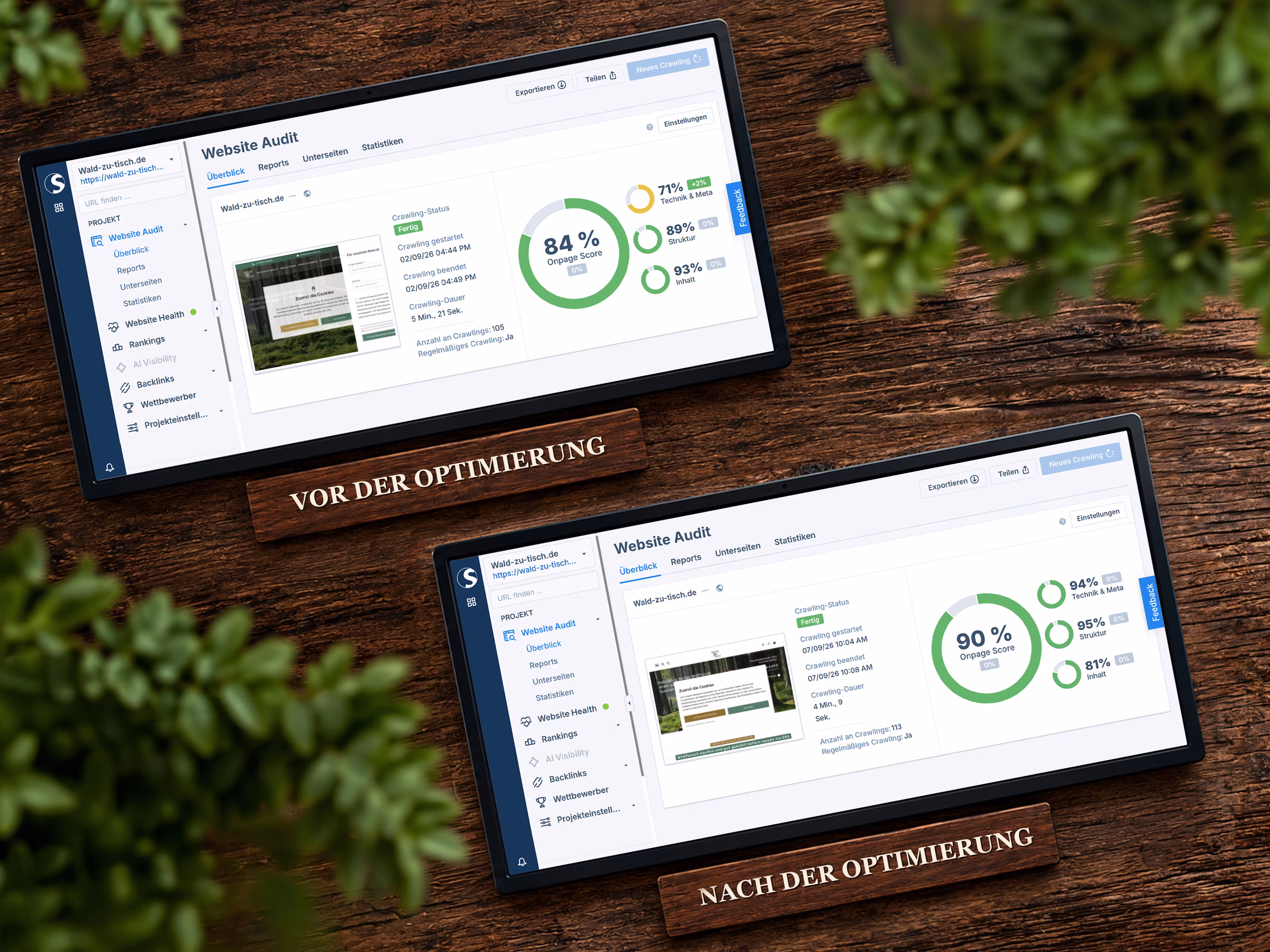 Seobility Website-Audit von Wald zu Tisch vor und nach dem Relaunch: Onpage-Score 84 auf 90 Prozent, Technik und Meta 71 auf 94 Prozent.