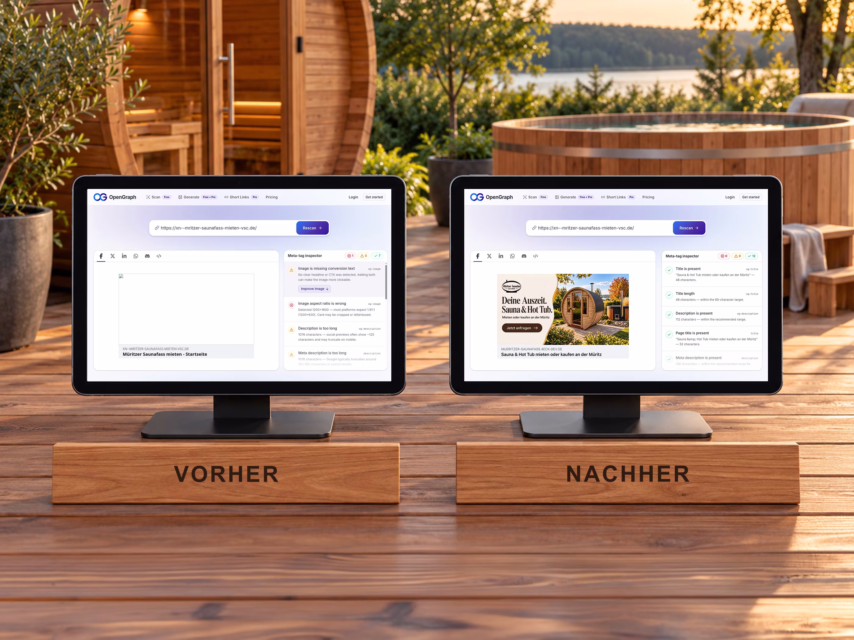 Open-Graph-Vergleich auf zwei Displays: bisherige Vorschau ohne Bild und neues Motiv von M&uuml;ritzer Saunafass mit Saunafass im Garten und der Botschaft Deine Auszeit