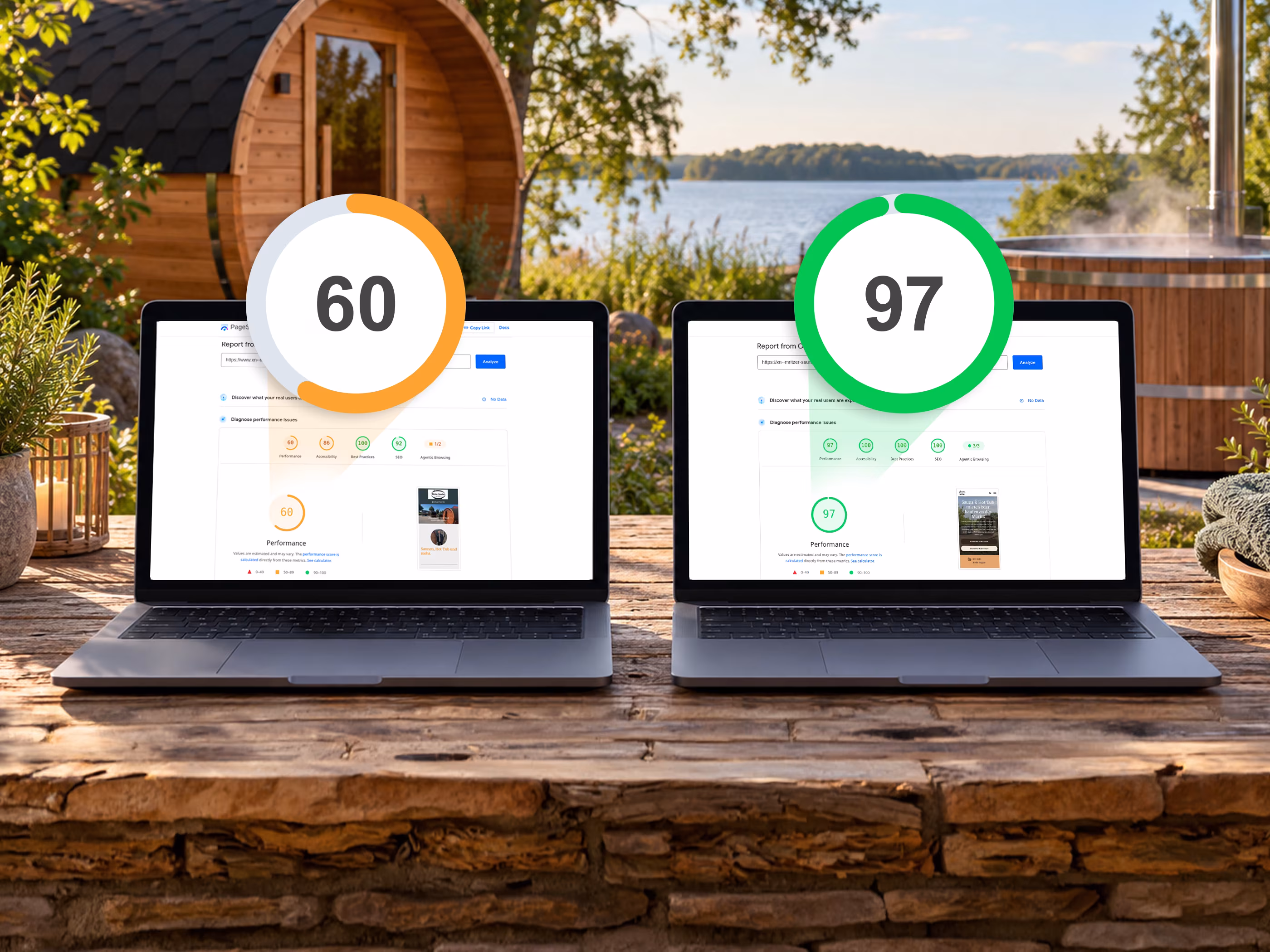 Vorher-Nachher-Vergleich der M&uuml;ritzer-Saunafass-Website auf zwei Laptops mit PageSpeed-Performance-Werten von 60 und 97 Punkten