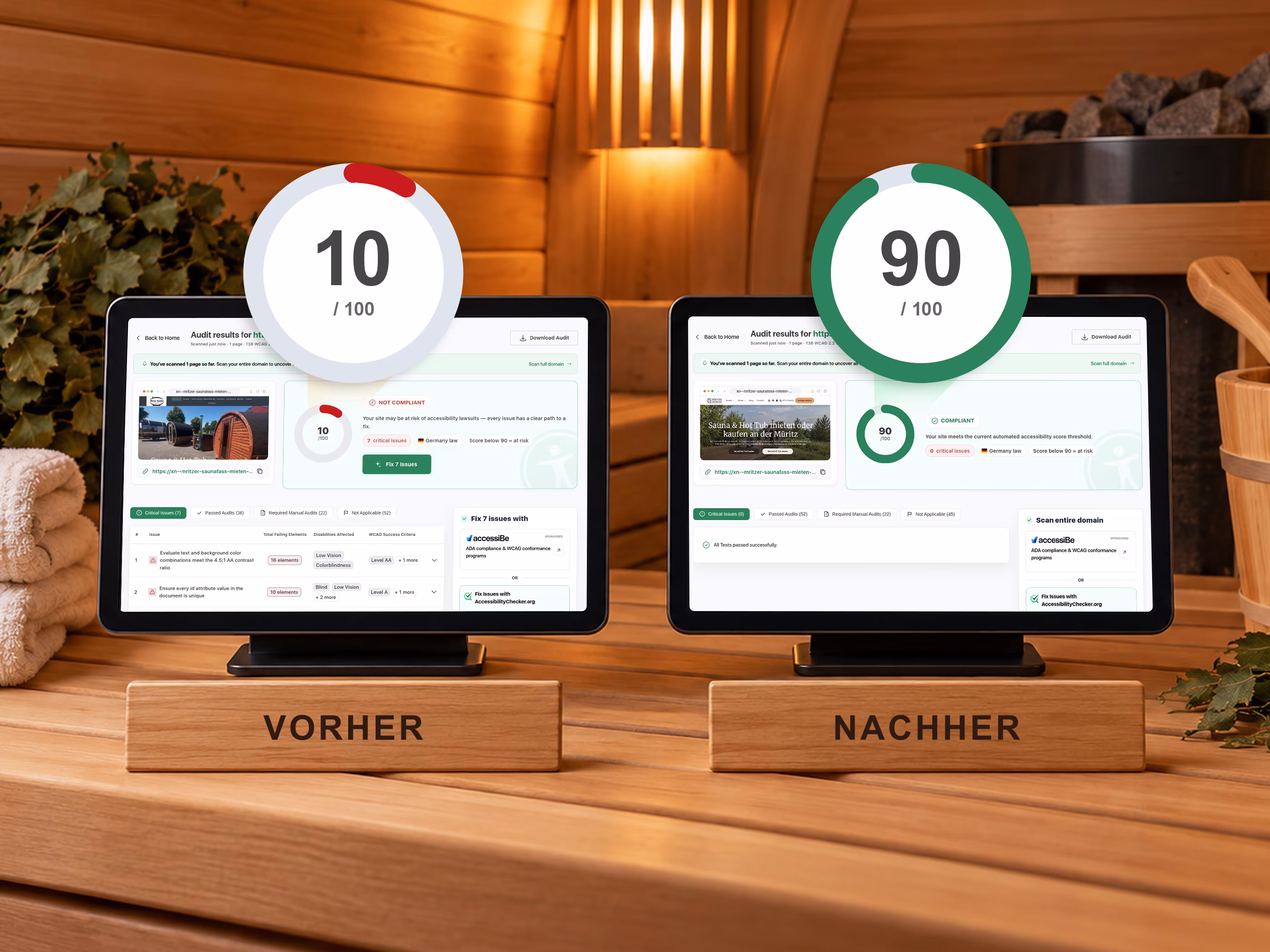 AccessibilityChecker-Berichte f&uuml;r M&uuml;ritzer Saunafass auf zwei Displays: vorher 10 Punkte und sieben kritische Probleme, nachher 90 Punkte und keine kritischen Probleme