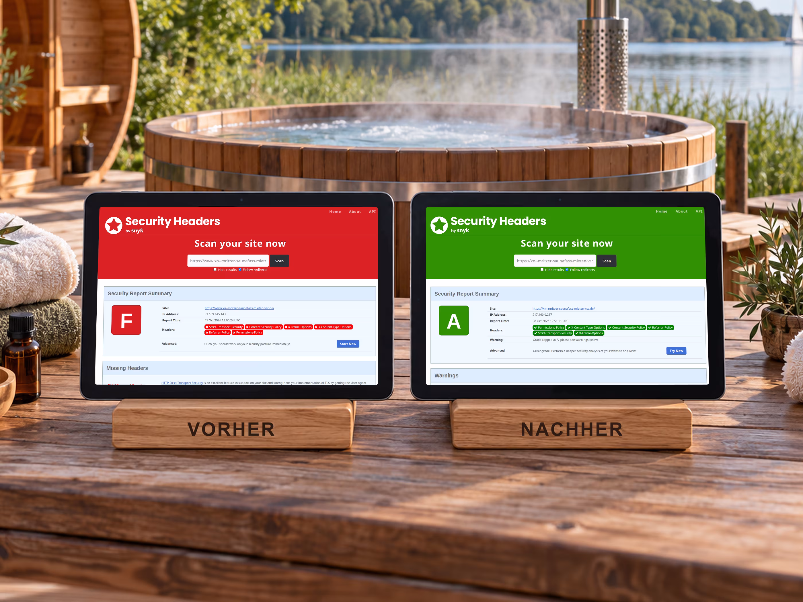 Security-Headers-Berichte f&uuml;r M&uuml;ritzer Saunafass auf zwei Tablets: links die Bewertung F, rechts A