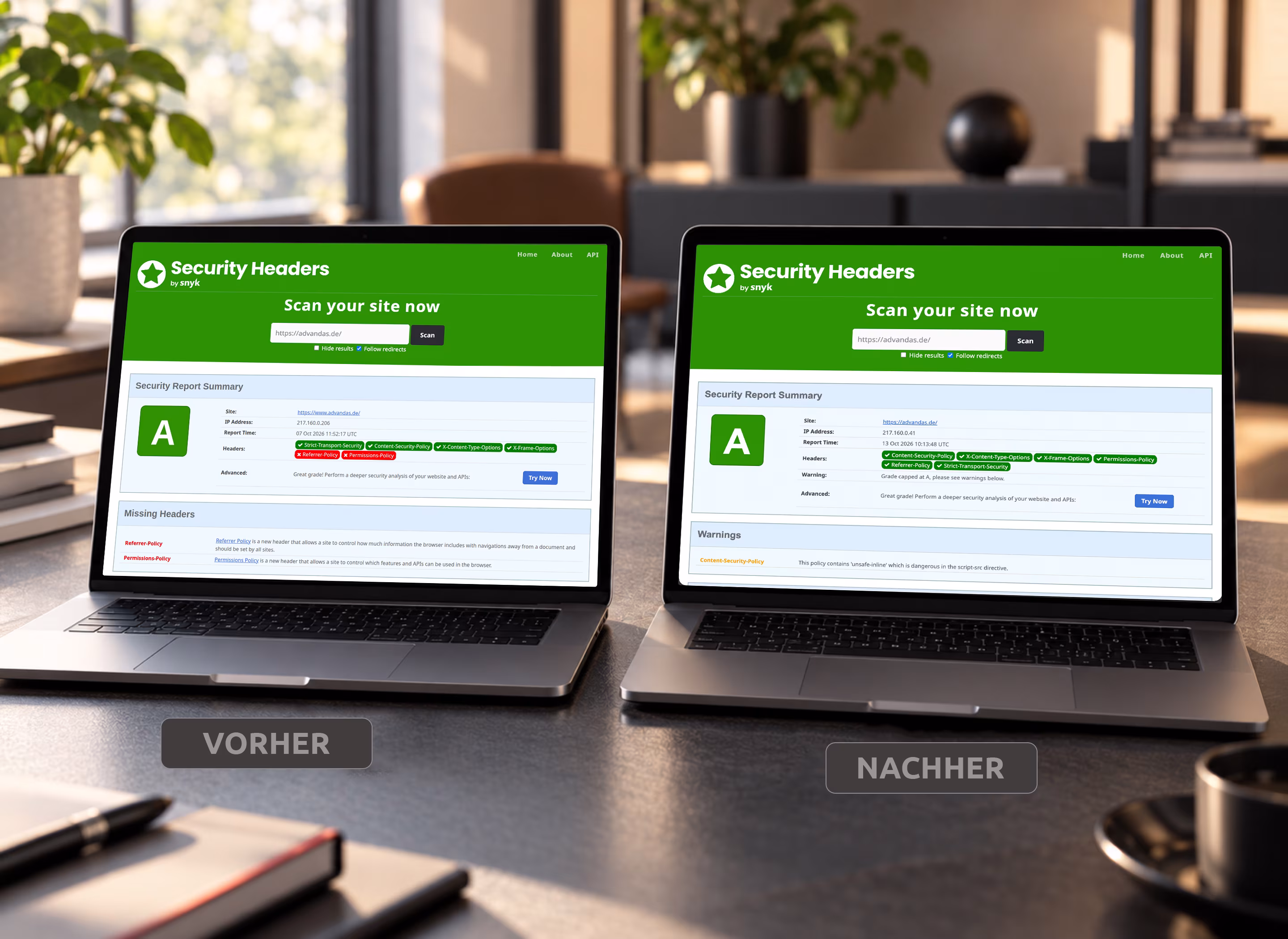 Security-Headers-Berichte f&uuml;r advandas auf zwei Laptops: vorher A mit zwei fehlenden Headern, nachher A mit allen sechs Headern