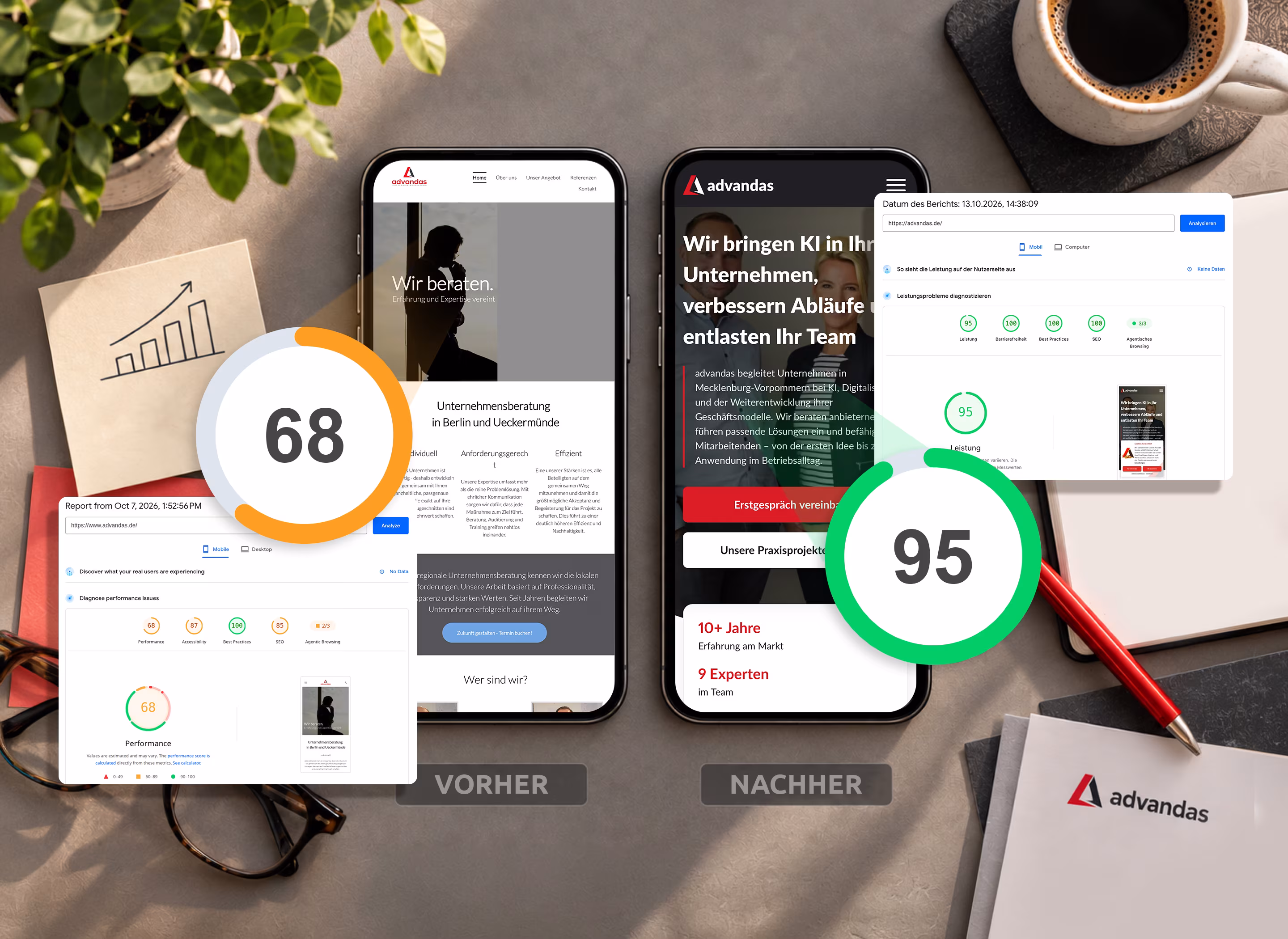 Vorher-Nachher-Vergleich der mobilen advandas-Website auf zwei Smartphones mit PageSpeed-Performance-Werten von 68 und 95 Punkten