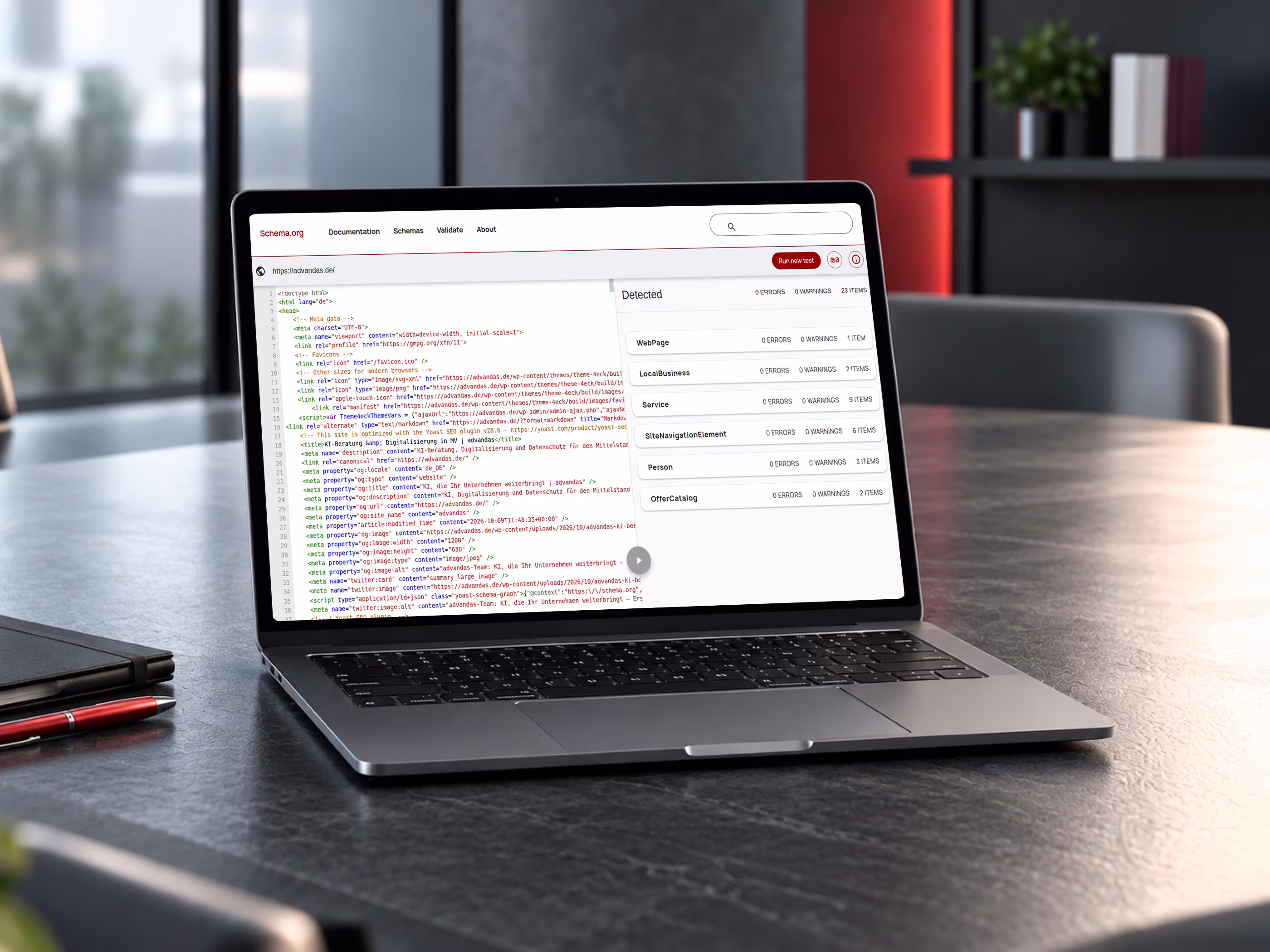 Laptop mit dem Schema.org-Validator f&uuml;r advandas.de: 0 Fehler, 0 Warnungen und 23 erkannte Elemente