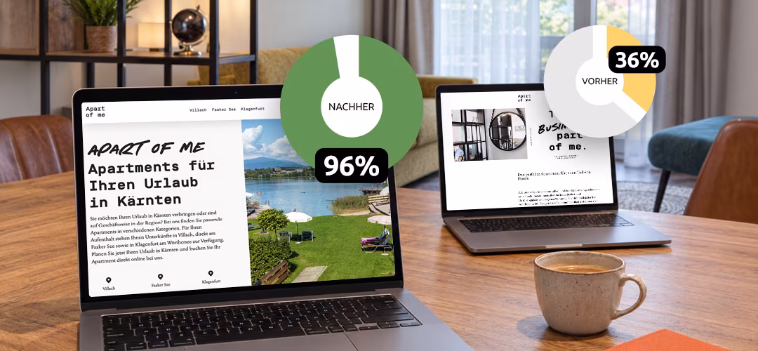 Alte und neue Website von Apart of me auf Laptops mit Seobility-Onpage-Werten von 36 und 96 Prozent