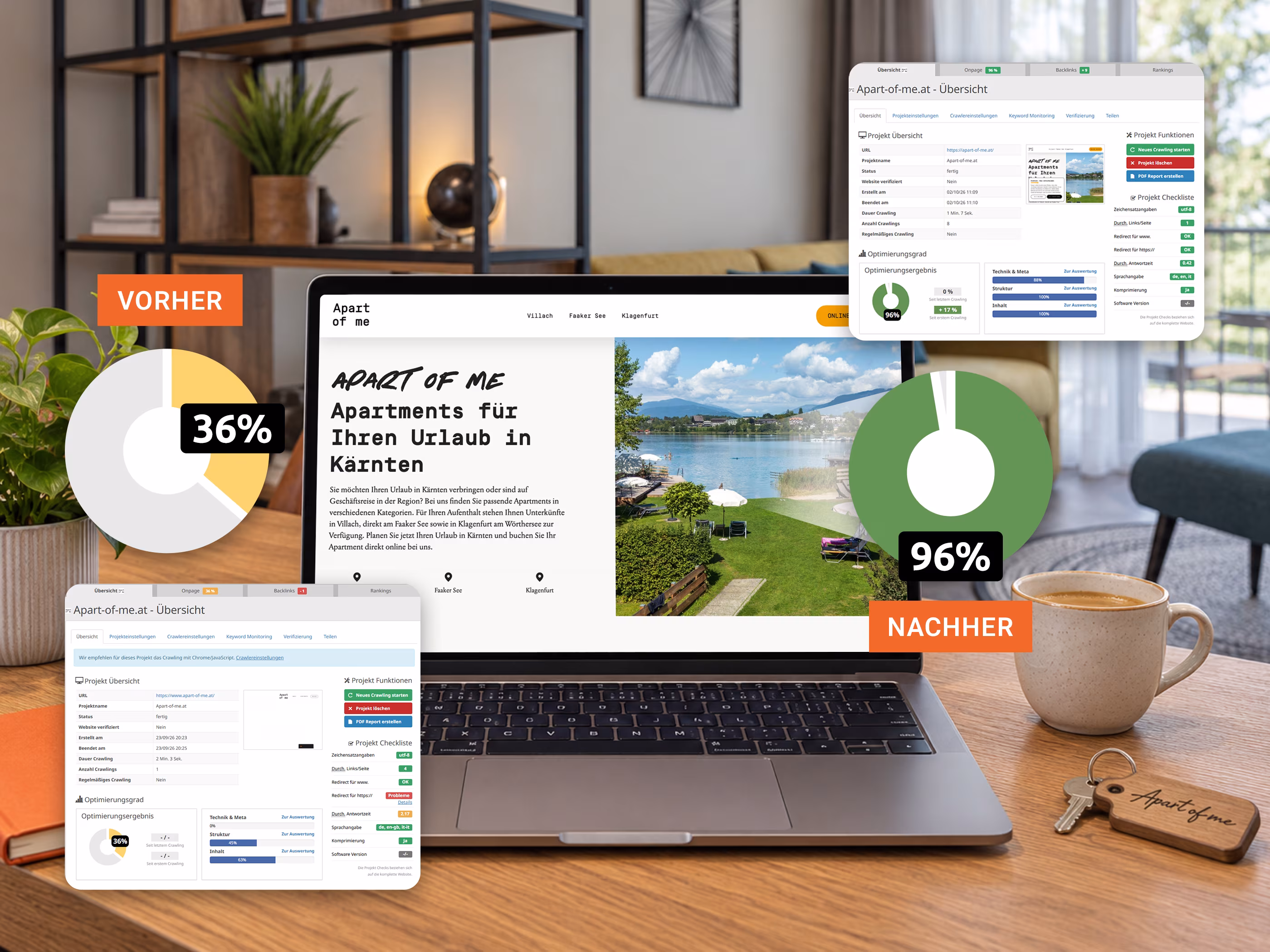 Seobility-Auswertungen f&uuml;r apart-of-me.at vor und nach dem Relaunch mit einem Onpage-Score von 36 und 96 Prozent