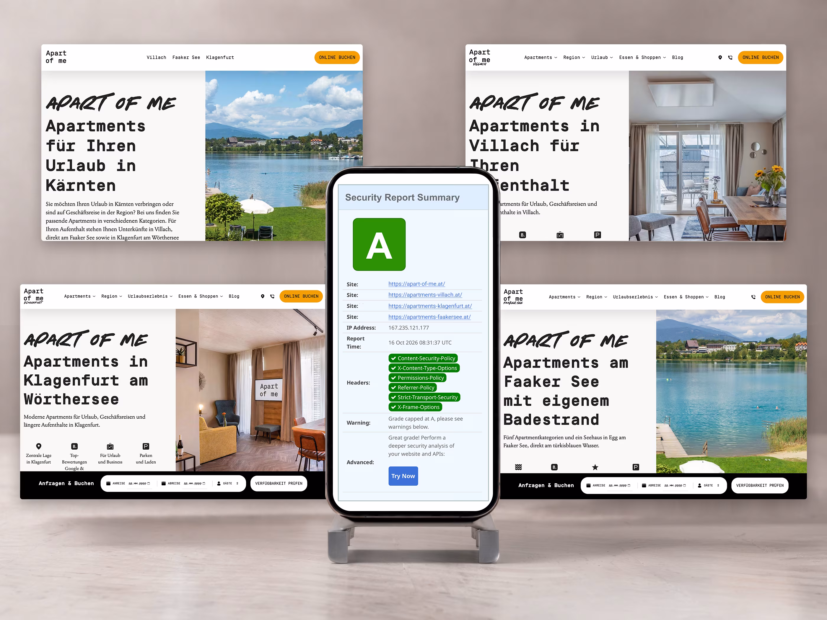 Smartphone mit dem Security-Headers-Bericht und der Bewertung A f&uuml;r alle vier Websites von Apart of me, umgeben von den Startseiten der vier Websites
