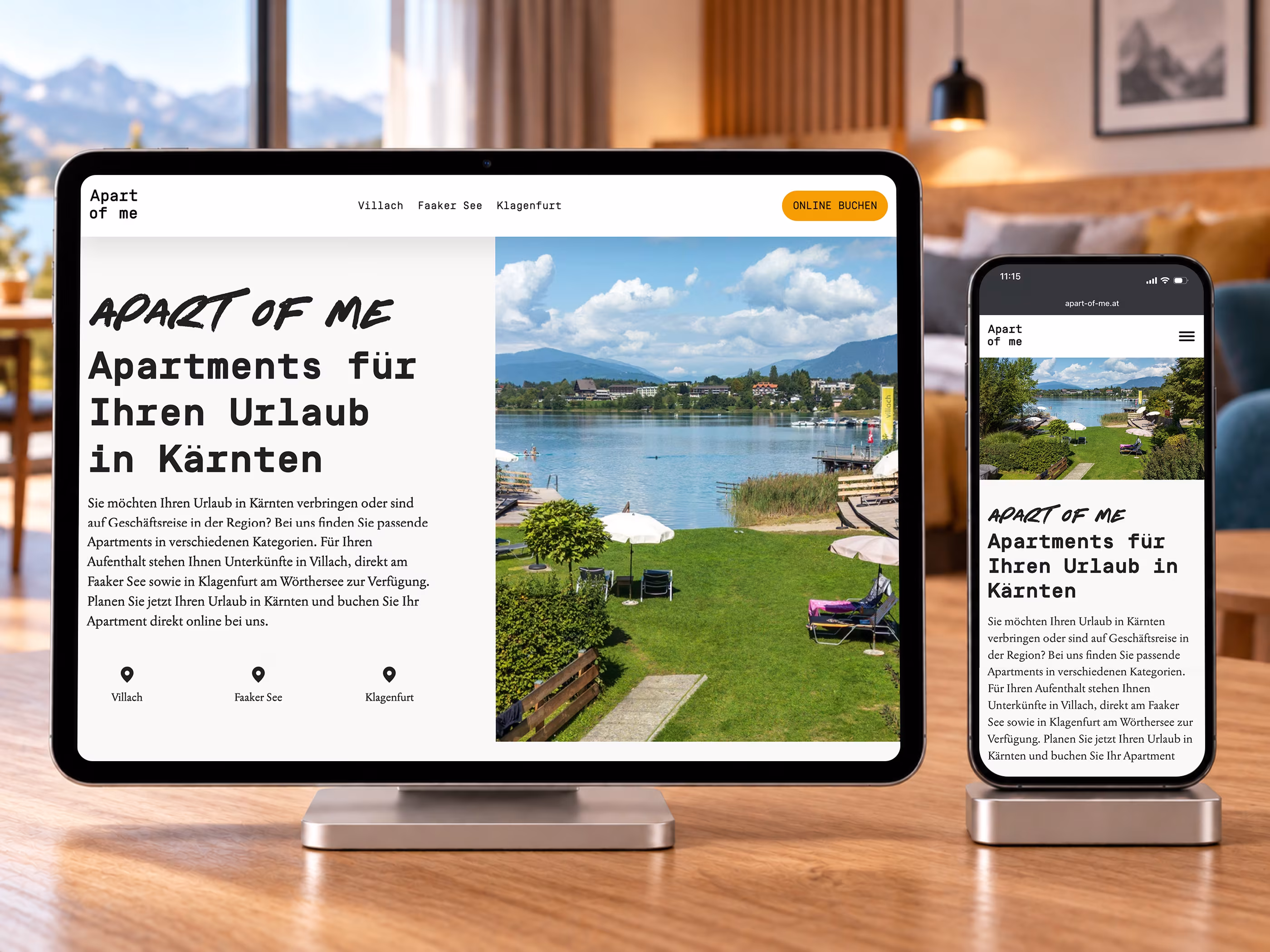 Neue Startseite von Apart of me mit der &Uuml;berschrift Apartments f&uuml;r Ihren Urlaub in K&auml;rnten auf einem Tablet und einem Smartphone