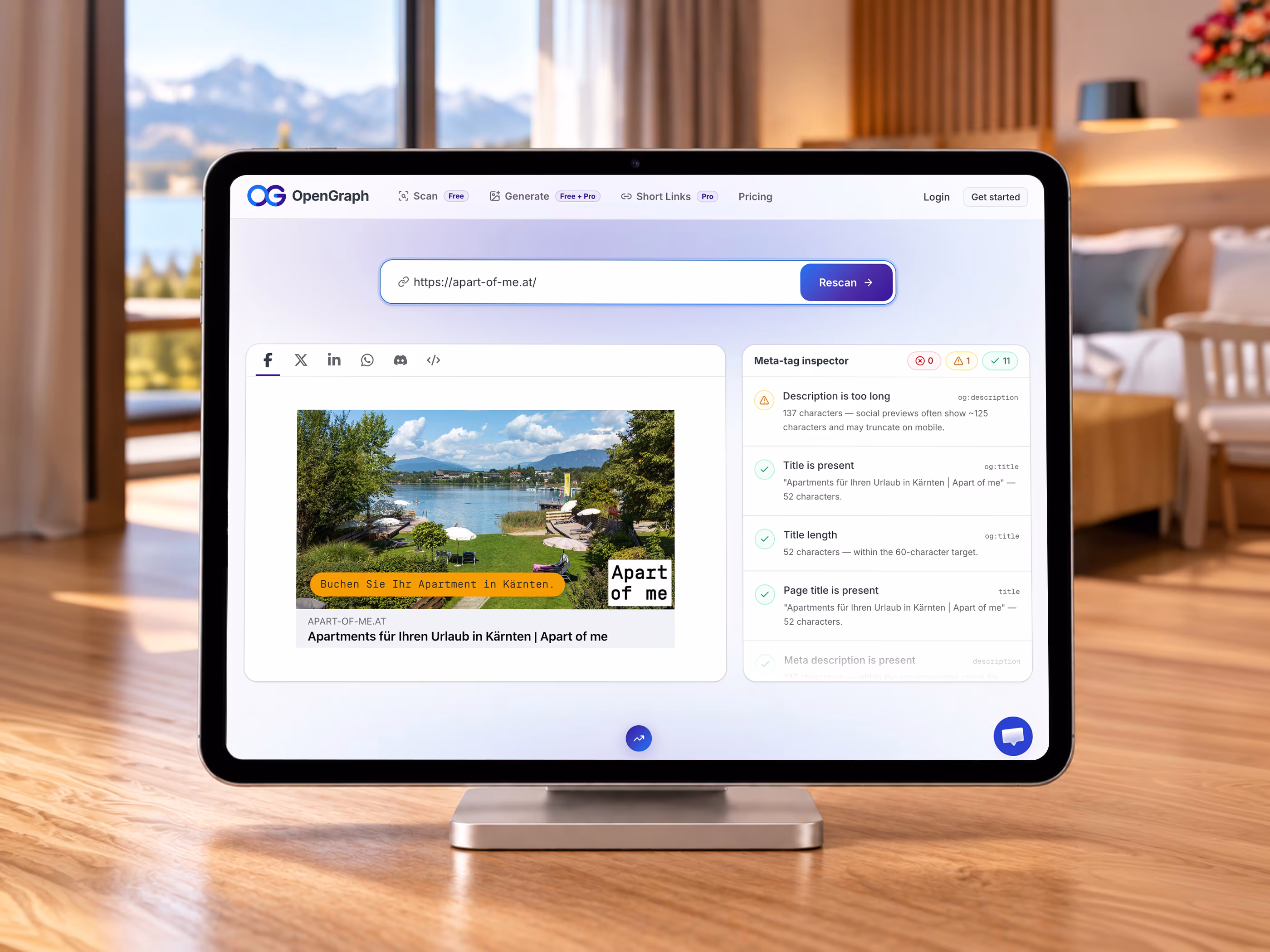 OpenGraph-Pr&uuml;fung f&uuml;r apart-of-me.at auf einem Tablet mit Linkvorschau vom Faaker See, der Botschaft Buchen Sie Ihr Apartment in K&auml;rnten und elf bestandenen Pr&uuml;fungen