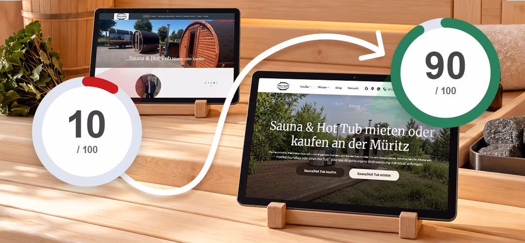 Alte und neue Website von M&uuml;ritzer Saunafass auf Tablets mit AccessibilityChecker-Werten von 10 und 90 Punkten