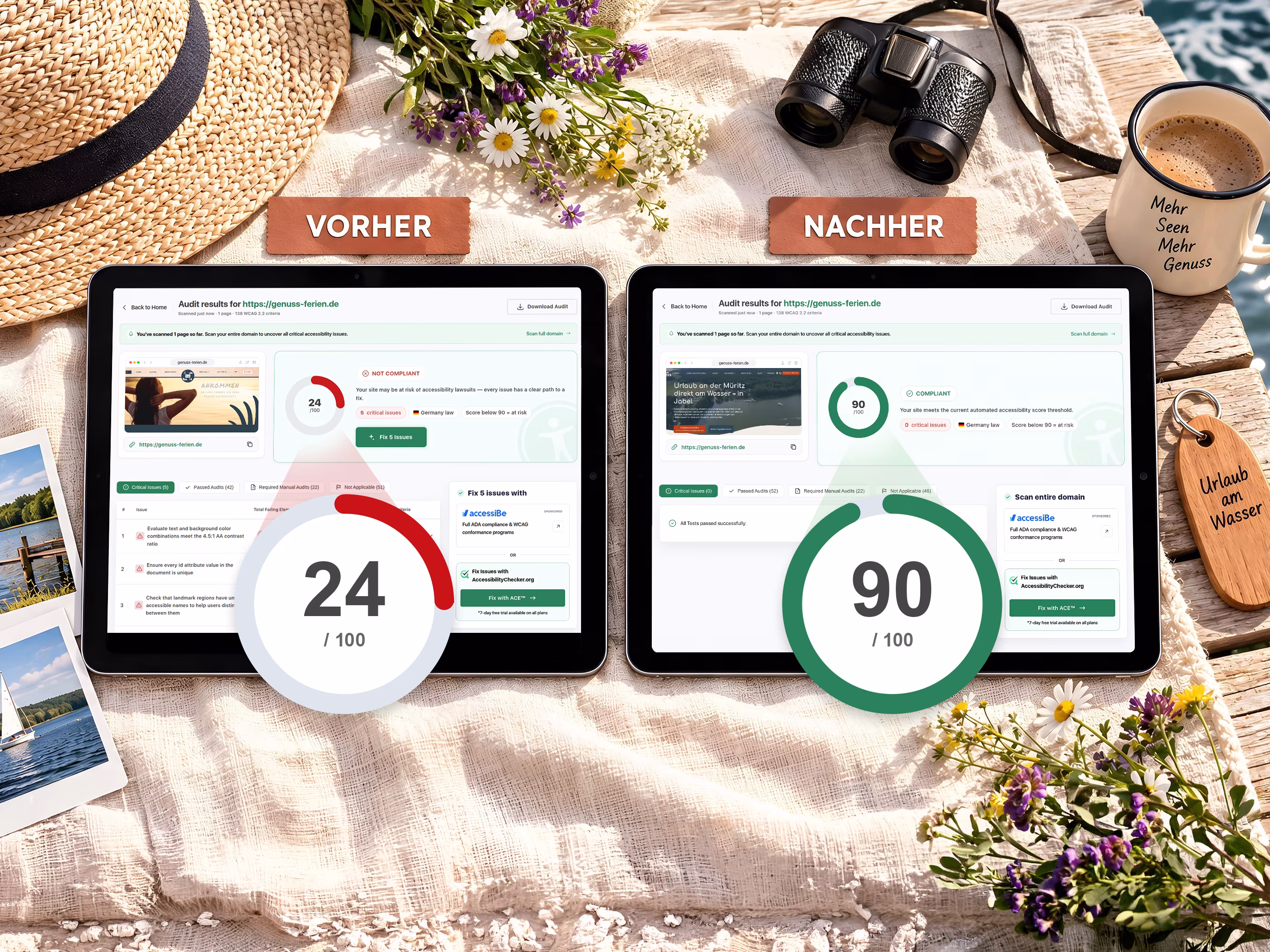 AccessibilityChecker-Berichte f&uuml;r Genuss-Ferien auf zwei Tablets: vorher 24 Punkte und f&uuml;nf kritische Probleme, nachher 90 Punkte und keine kritischen Probleme
