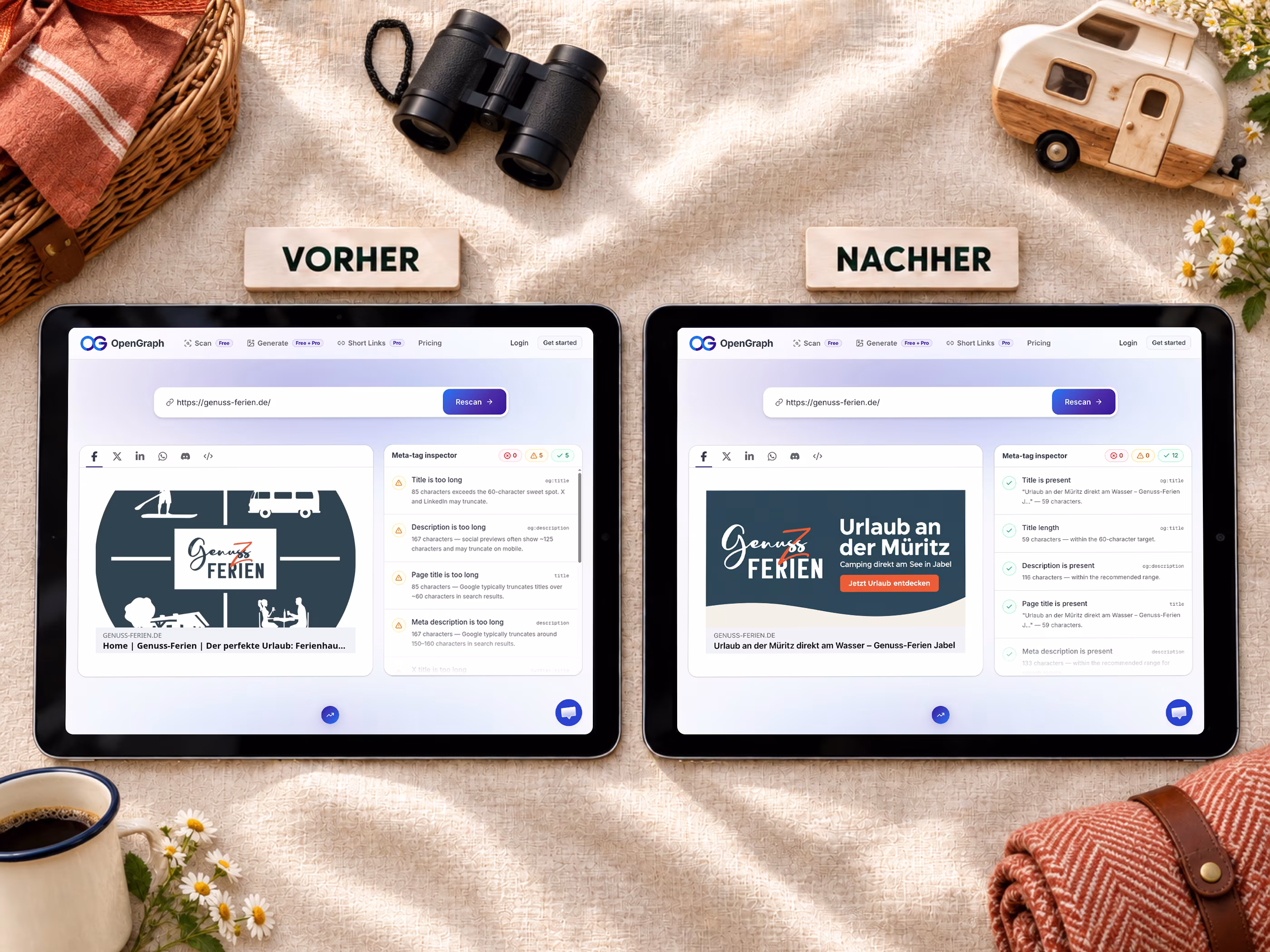 Open-Graph-Vergleich auf zwei Tablets: bisherige Logo-Vorschau und neues Genuss-Ferien-Motiv mit der Botschaft Urlaub an der M&uuml;ritz