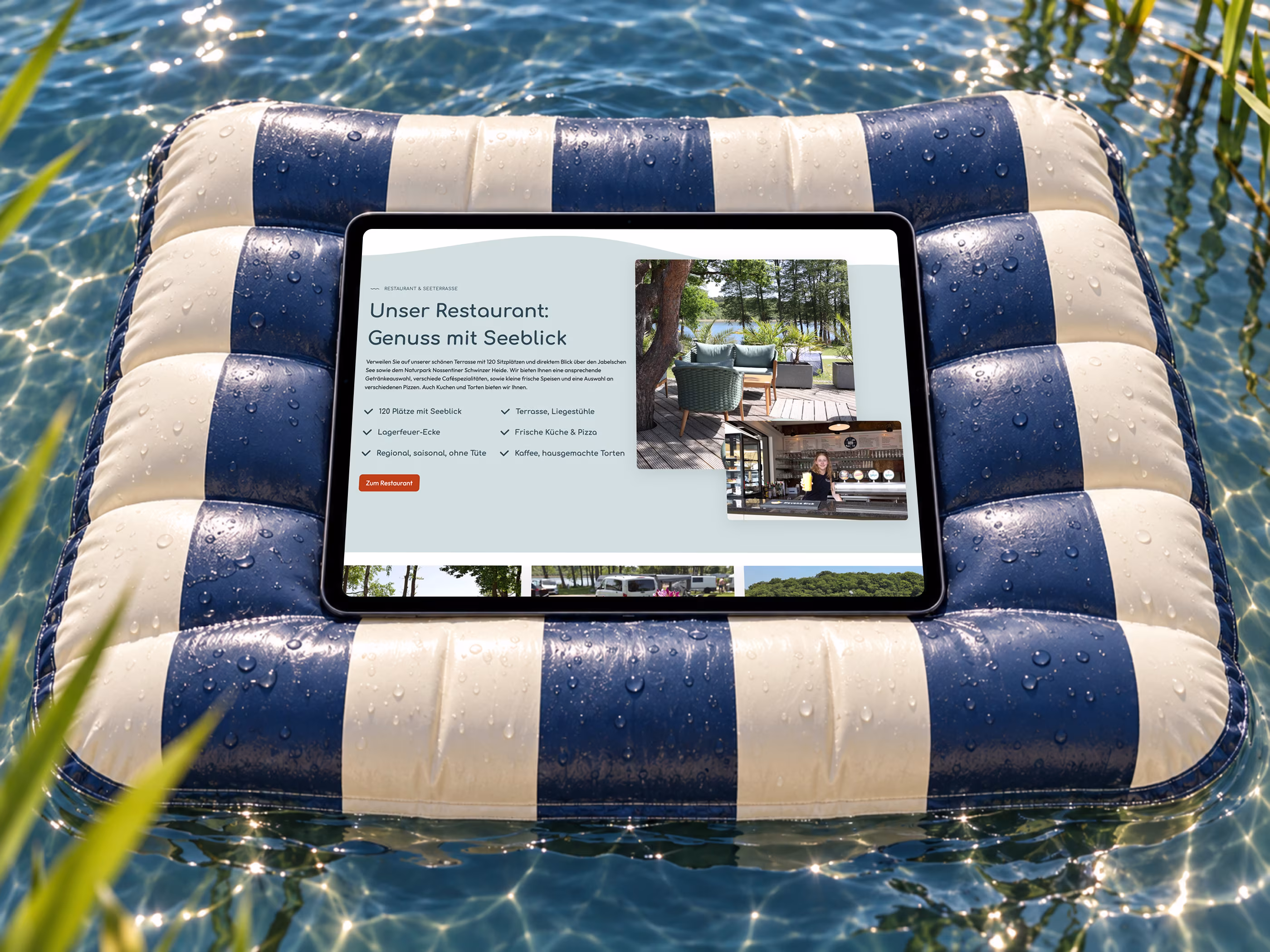 Tablet mit dem Restaurantbereich der Genuss-Ferien-Website, Fotos der Seeterrasse und einer Mitarbeiterin