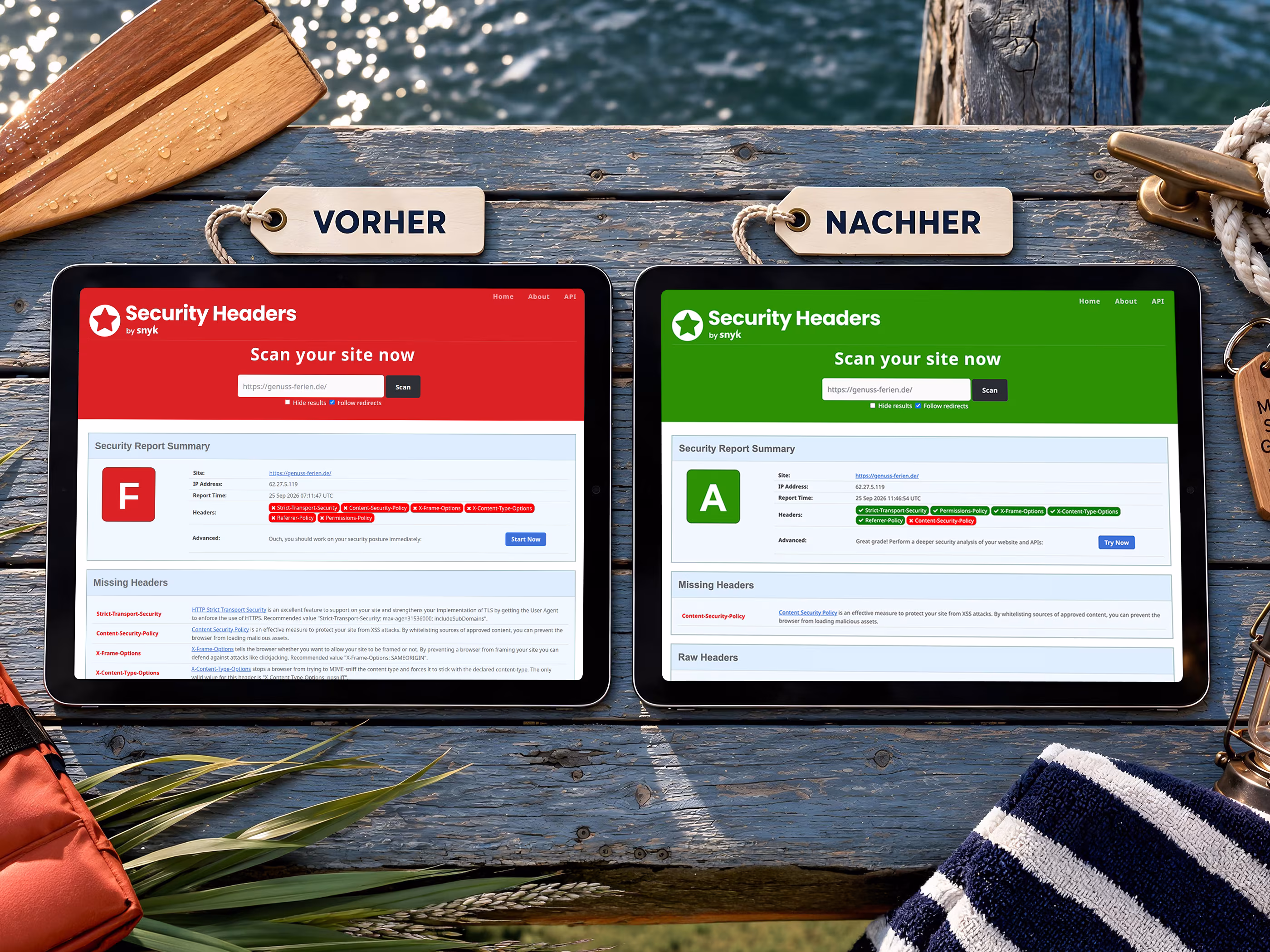 Security-Headers-Berichte vom 25. September 2026 f&uuml;r Genuss-Ferien: links die Bewertung F, rechts A