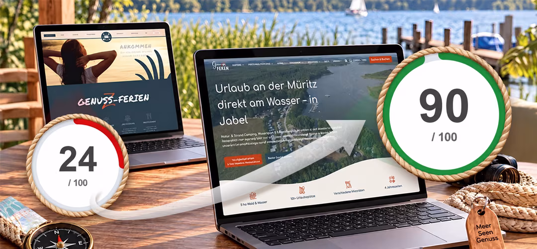 Old and new Genuss-Ferien websites on laptops with AccessibilityChecker scores of 24 and 90 points